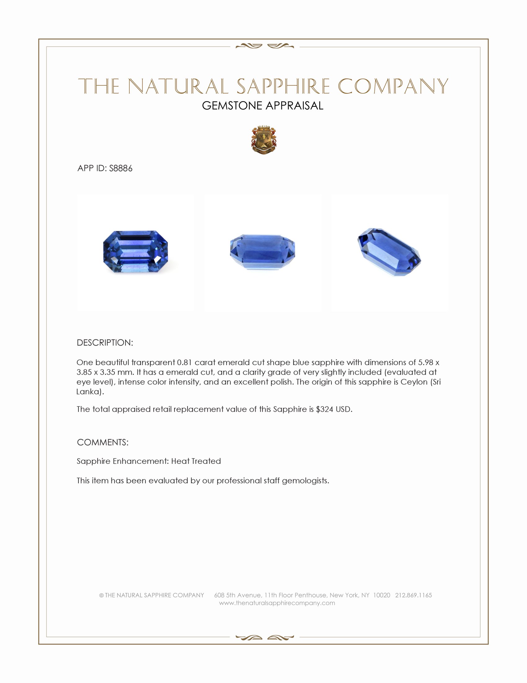 0.81 Ct. Blue Sapphire from Ceylon (Sri Lanka)