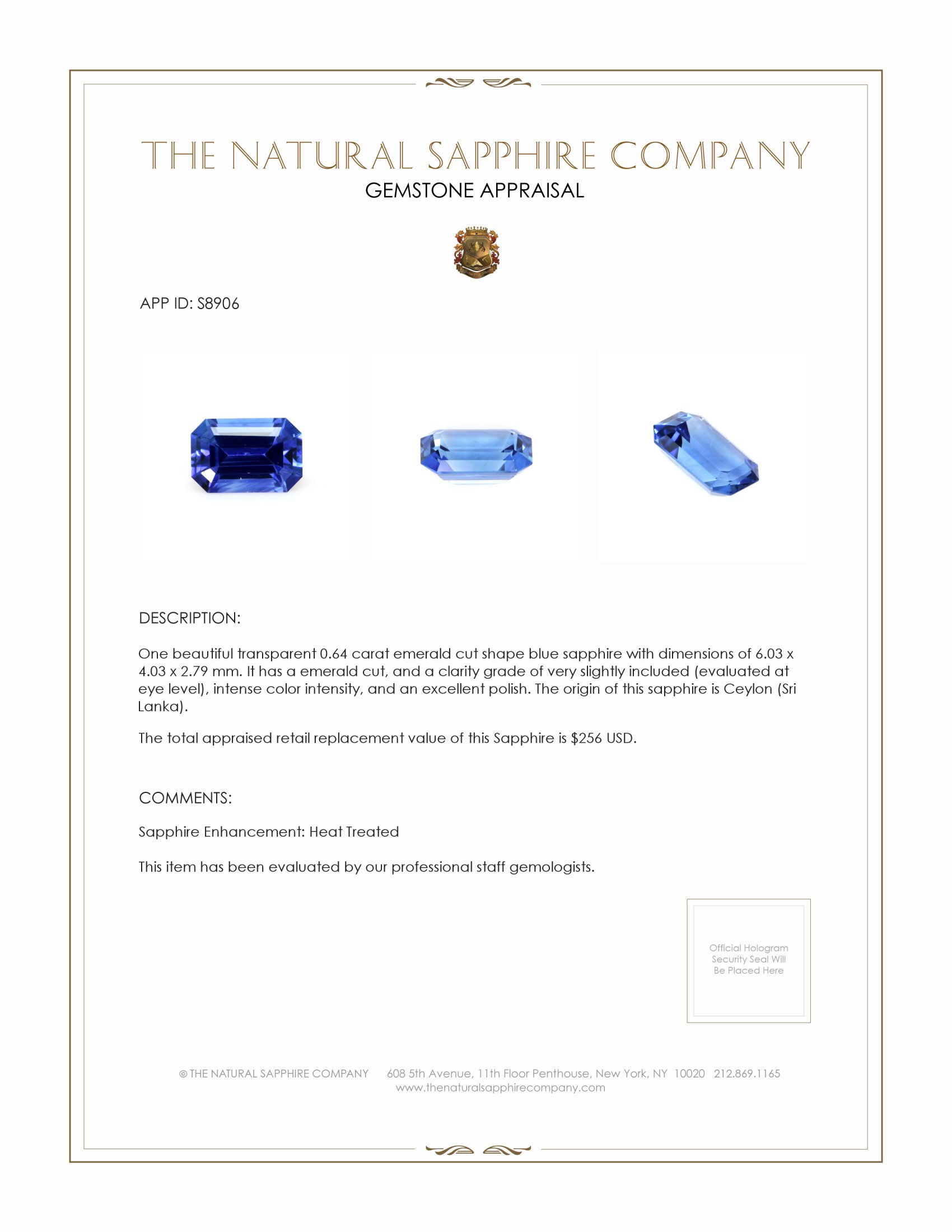 0.64 Ct. Blue Sapphire from Ceylon (Sri Lanka)