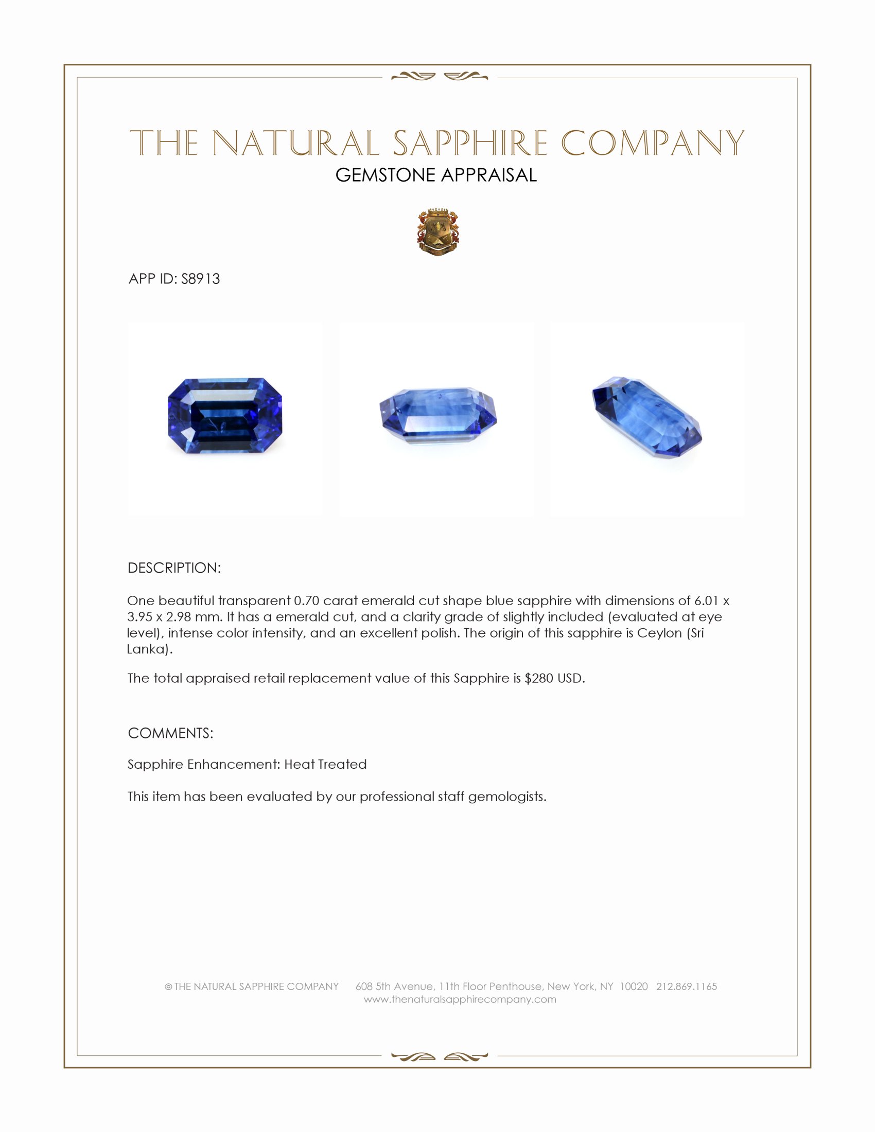 0.70 Ct. Blue Sapphire from Ceylon (Sri Lanka)