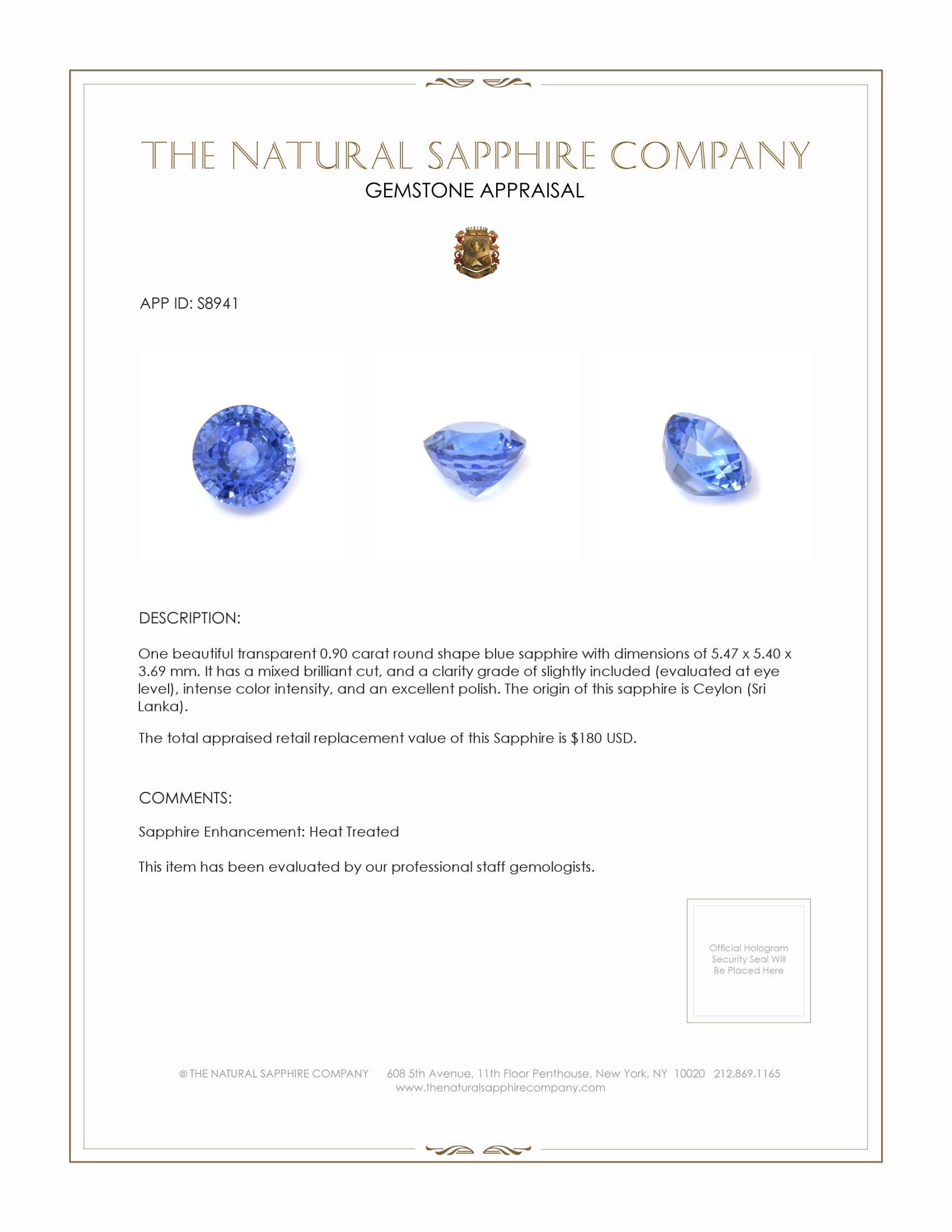 0.90 Ct. Blue Sapphire from Ceylon (Sri Lanka)