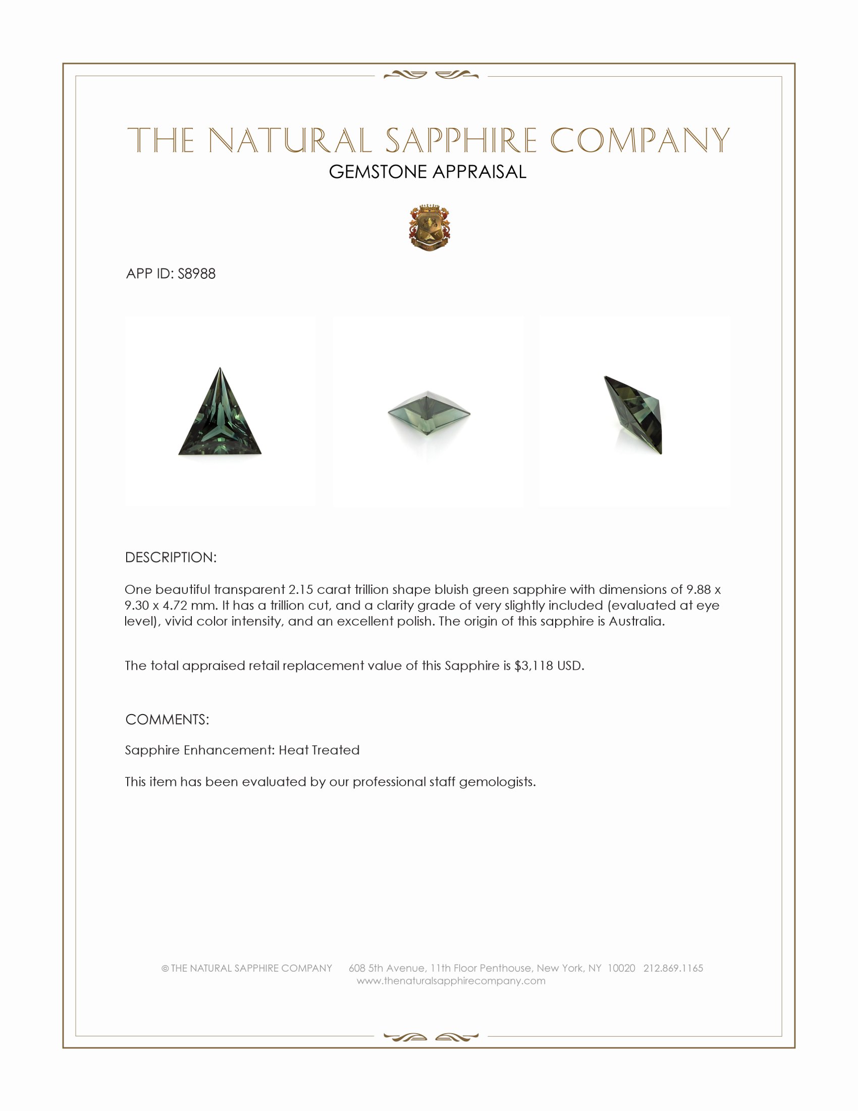 2.15 Ct. Bluish Green Sapphire from Australia