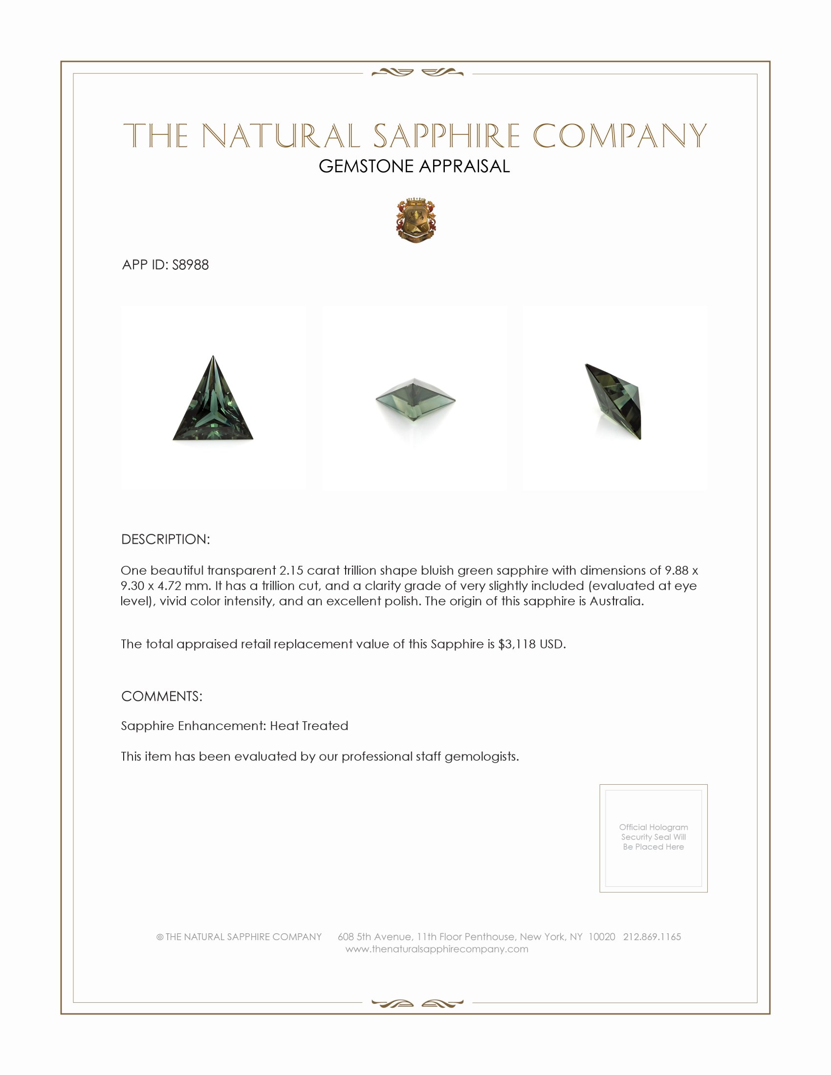 2.15 Ct. Bluish Green Sapphire from Australia