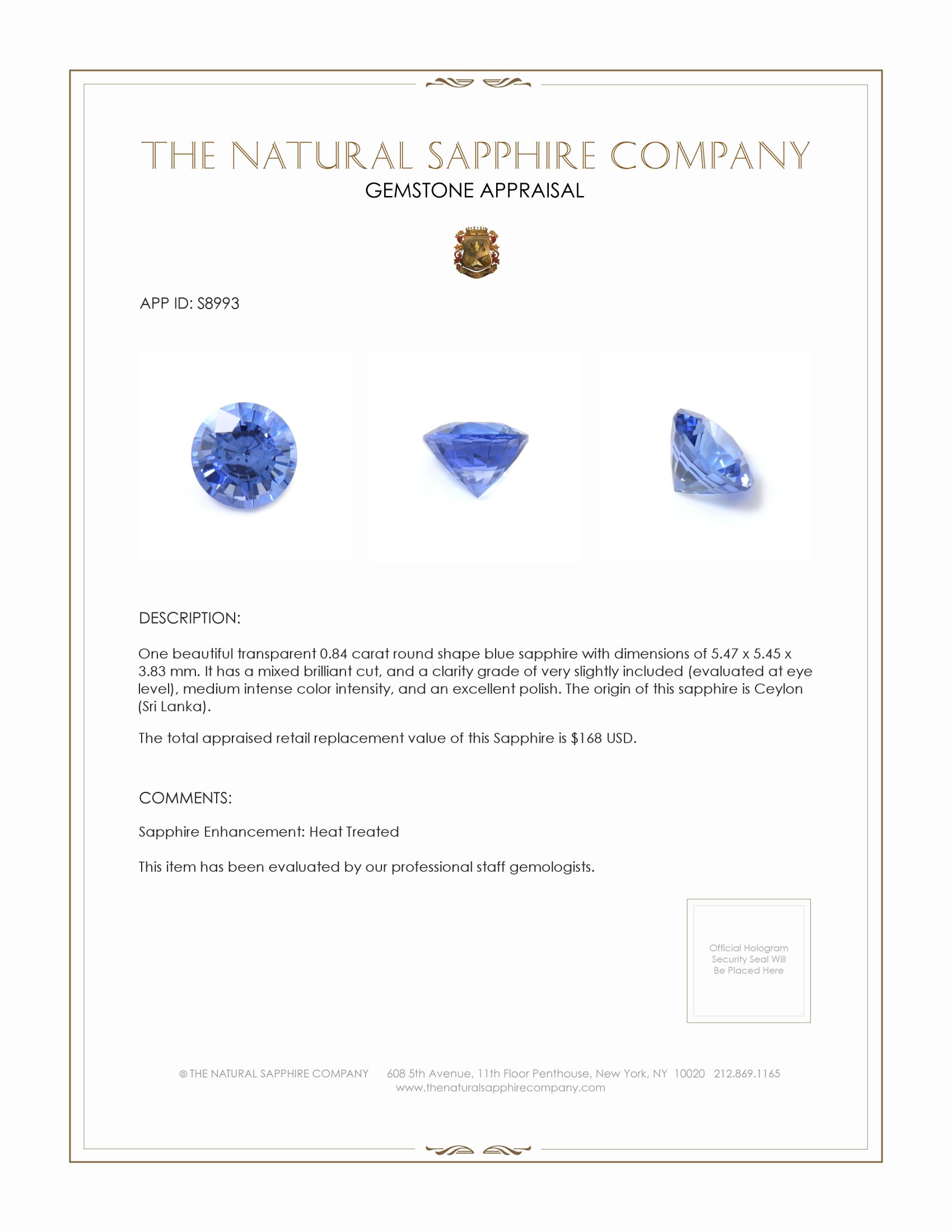 0.84 Ct. Blue Sapphire from Ceylon (Sri Lanka)