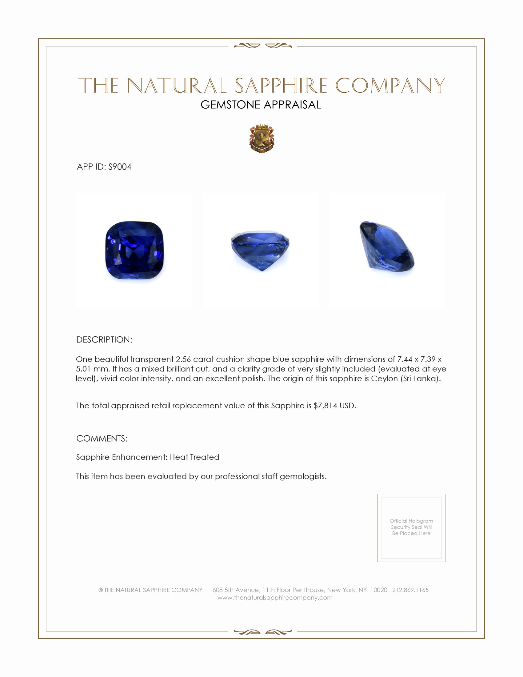 2.56 Ct. Blue Sapphire from Ceylon (Sri Lanka)