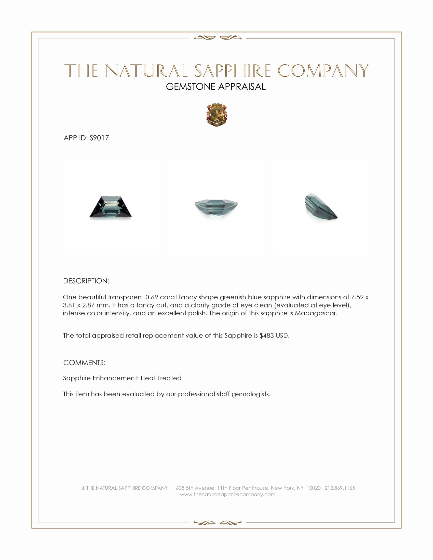 0.69 Ct. Greenish Blue Sapphire from Madagascar