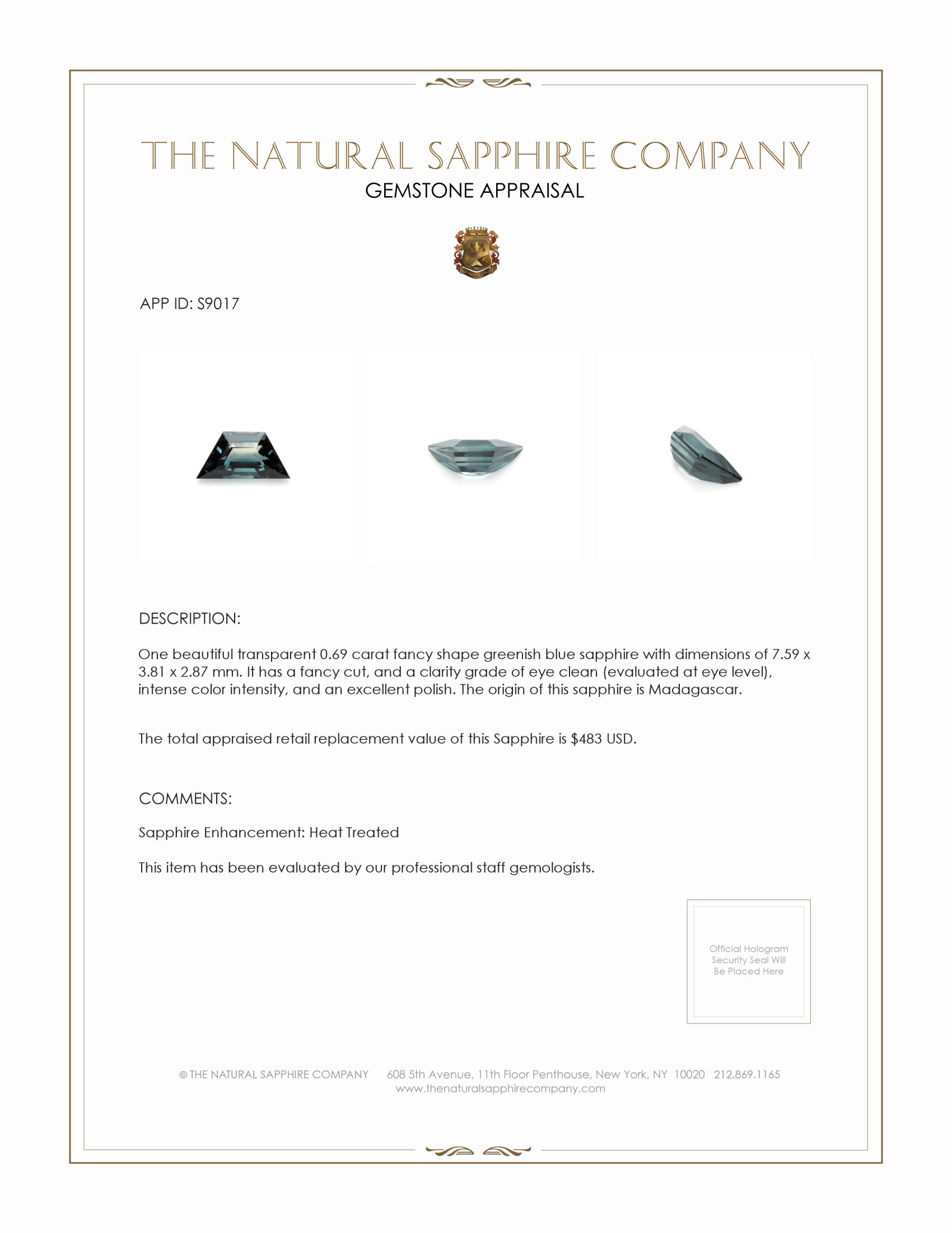 0.69 Ct. Greenish Blue Sapphire from Madagascar