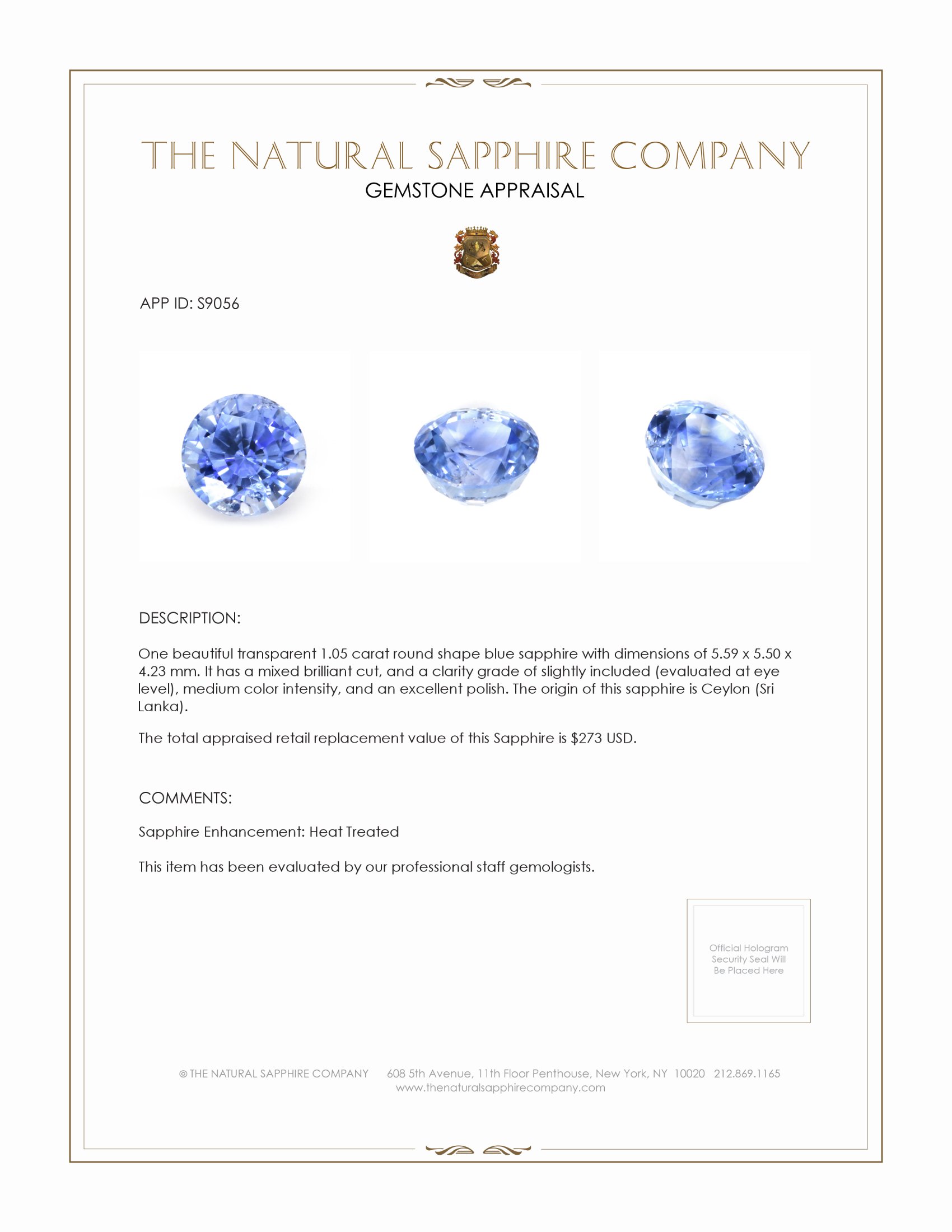 1.05 Ct. Blue Sapphire from Ceylon (Sri Lanka)