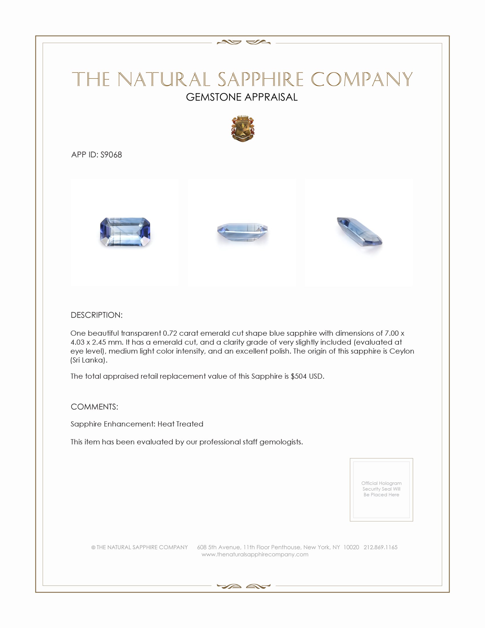 0.72 Ct. Blue Sapphire from Ceylon (Sri Lanka)