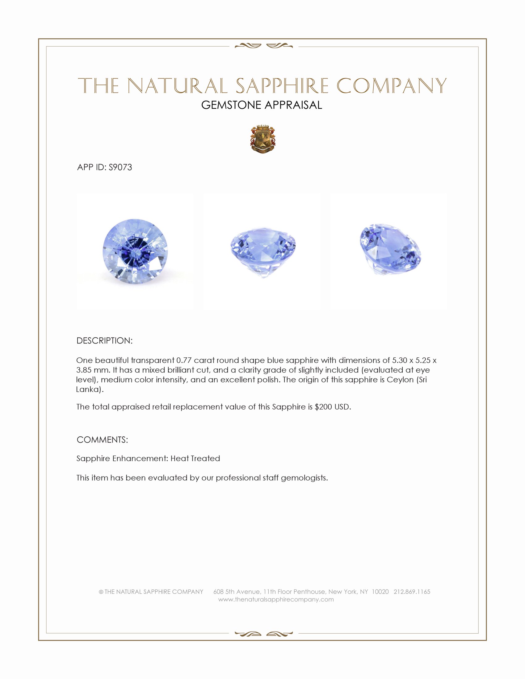 0.77 Ct. Blue Sapphire from Ceylon (Sri Lanka)