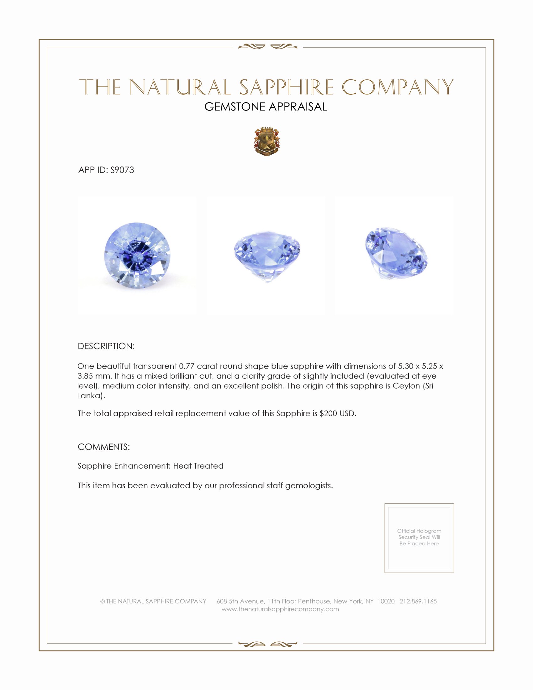 0.77 Ct. Blue Sapphire from Ceylon (Sri Lanka)