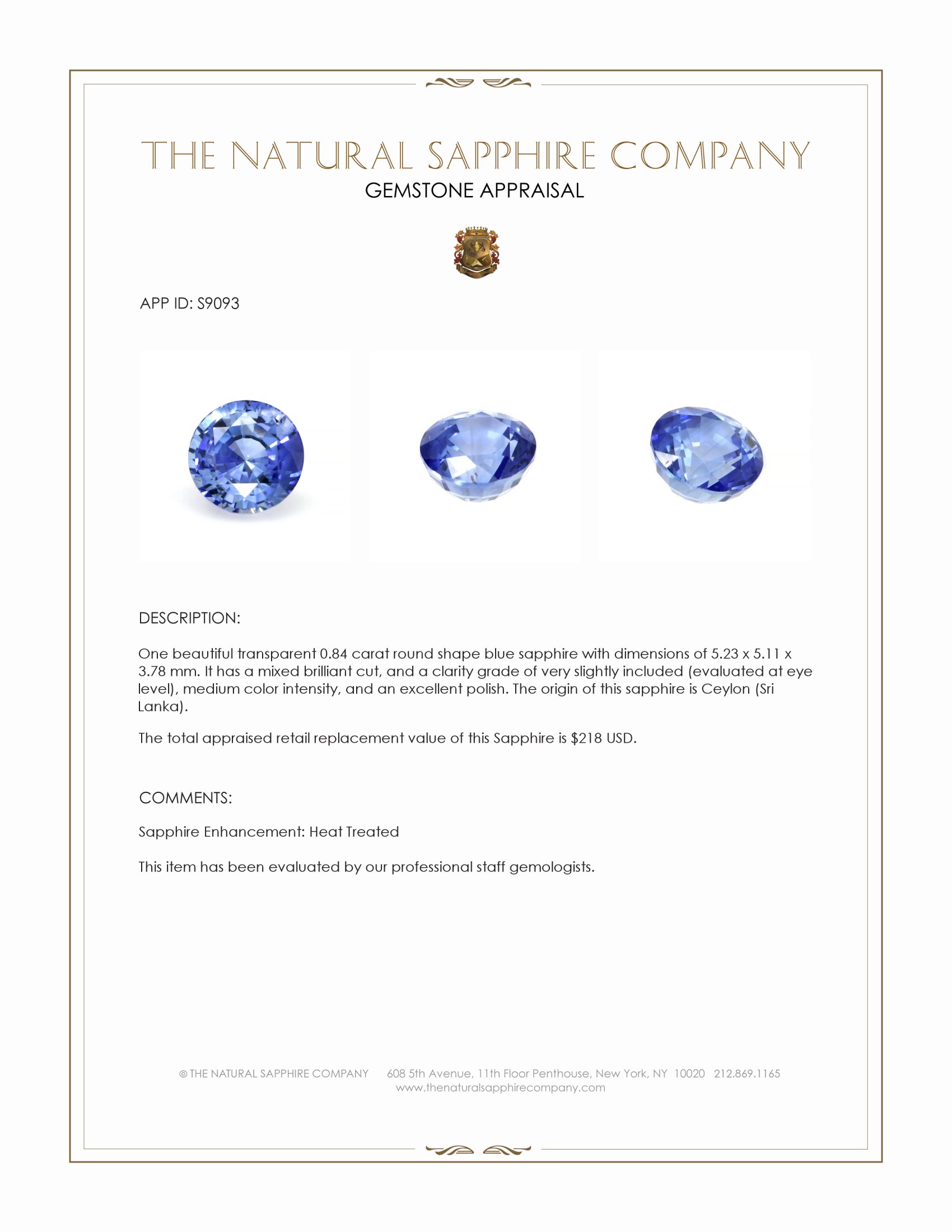 0.84 Ct. Blue Sapphire from Ceylon (Sri Lanka)