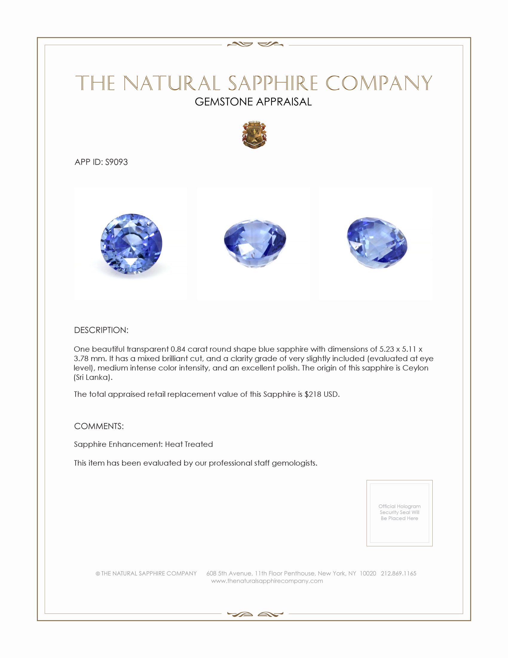 0.84 Ct. Blue Sapphire from Ceylon (Sri Lanka)