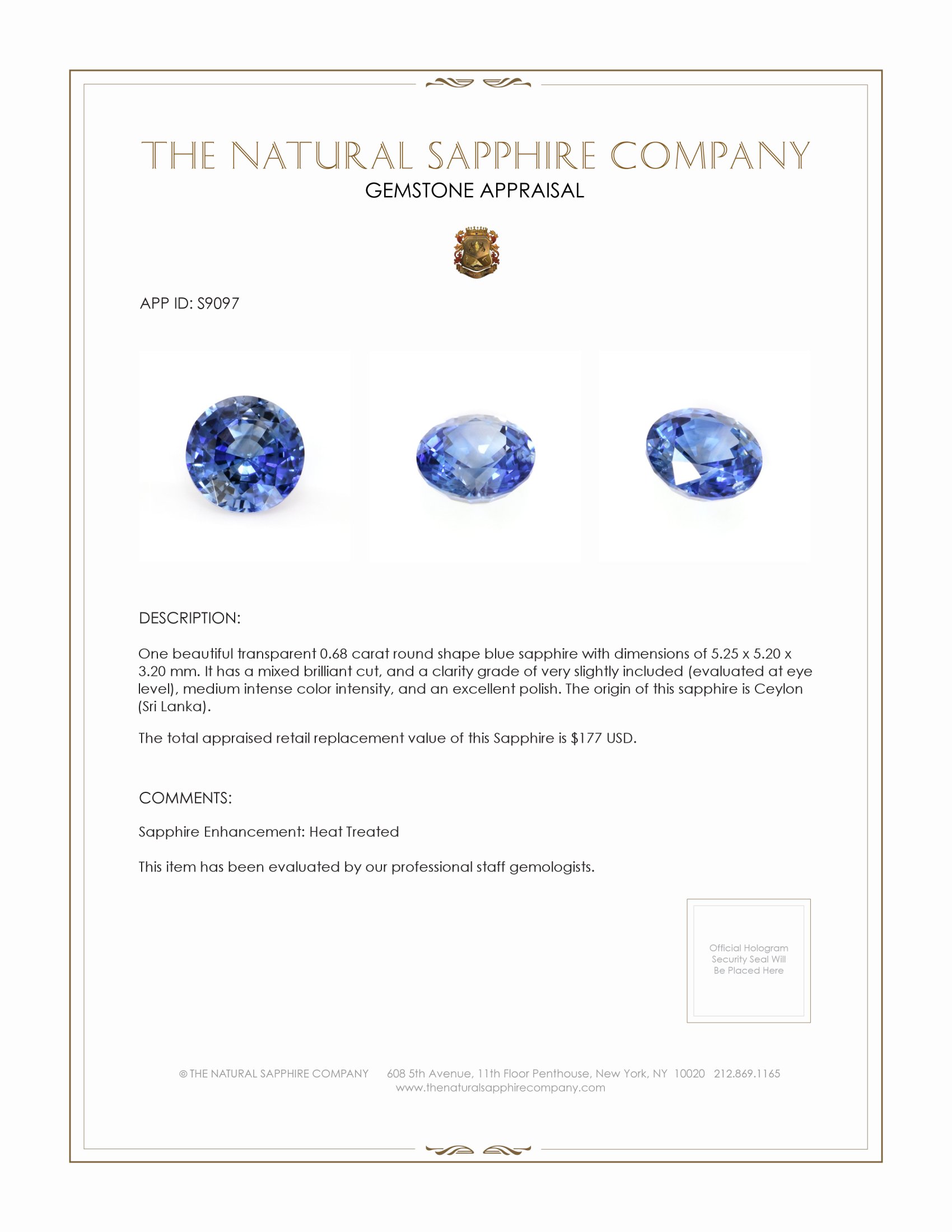 0.68 Ct. Blue Sapphire from Ceylon (Sri Lanka)
