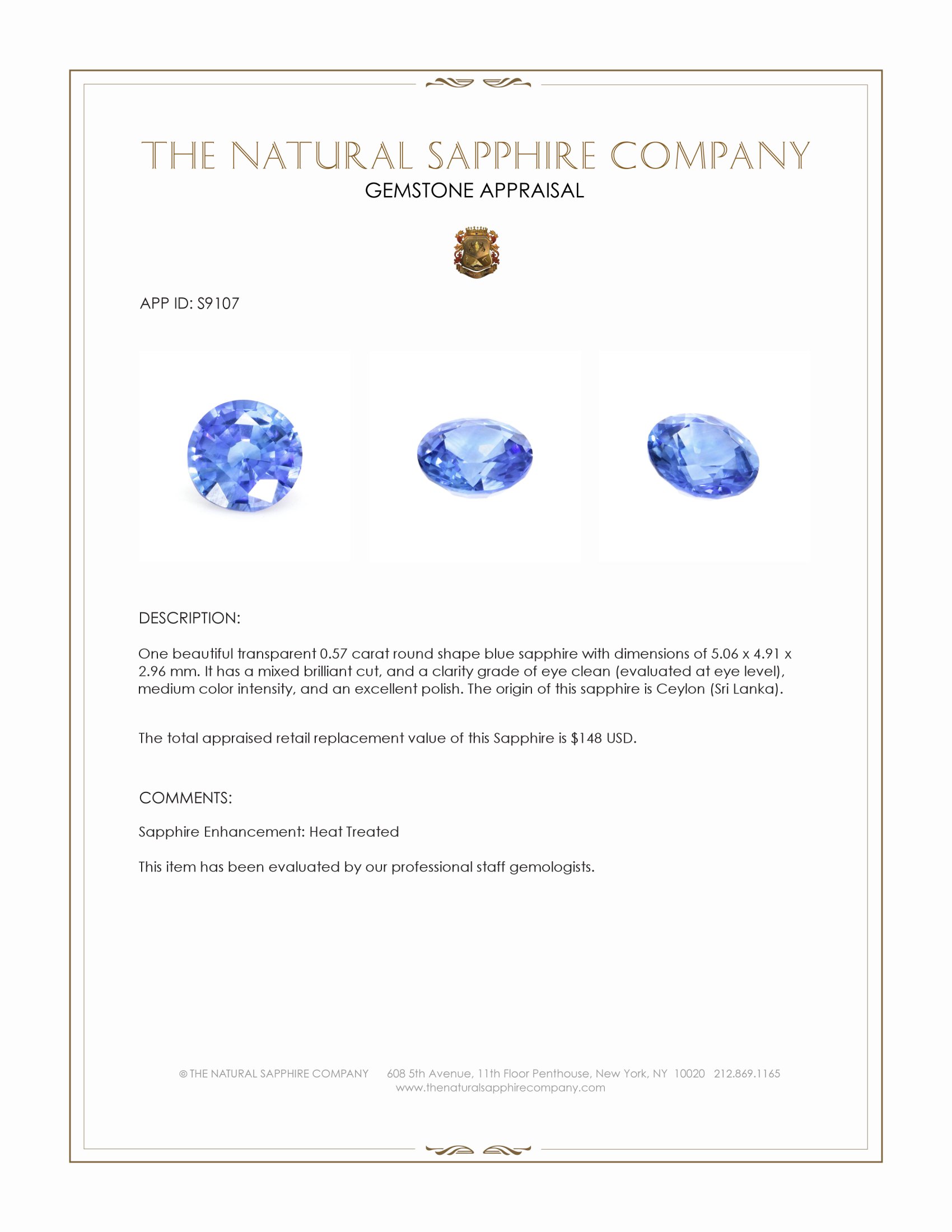 0.57 Ct. Blue Sapphire from Ceylon (Sri Lanka)