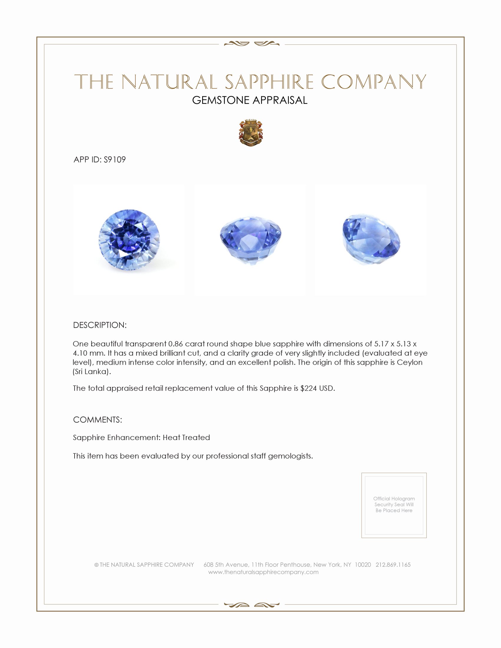 0.86 Ct. Blue Sapphire from Ceylon (Sri Lanka)
