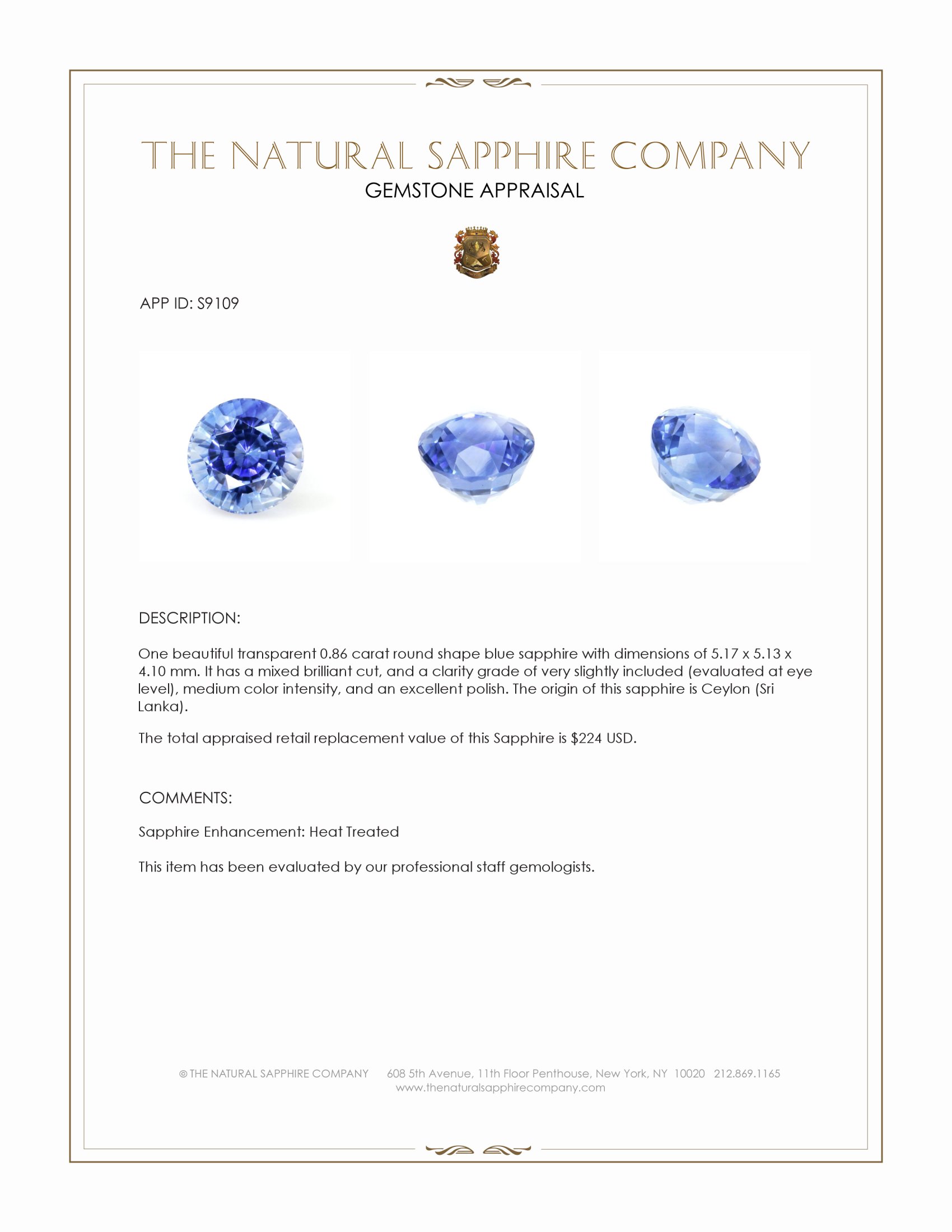 0.86 Ct. Blue Sapphire from Ceylon (Sri Lanka)
