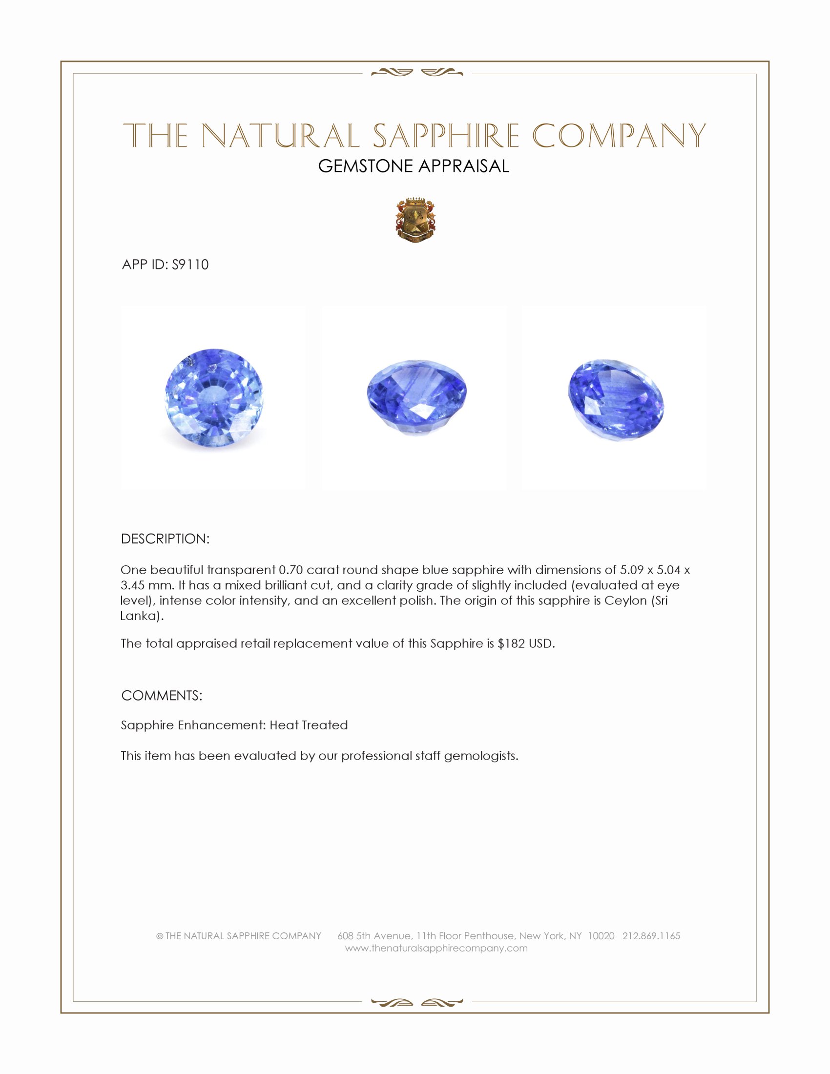 0.70 Ct. Blue Sapphire from Ceylon (Sri Lanka)