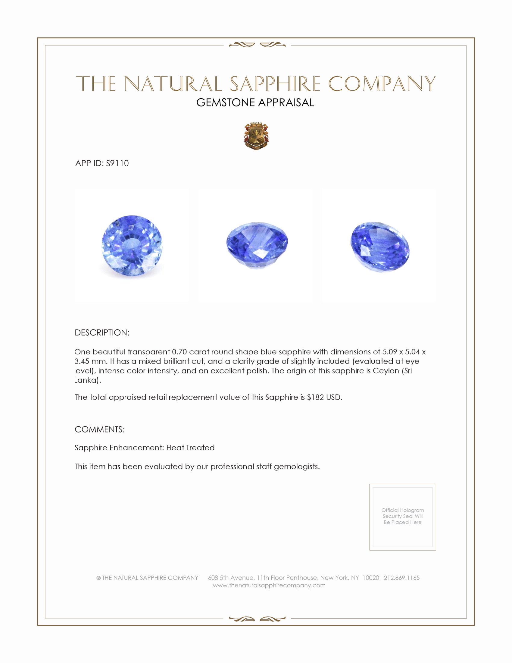 0.70 Ct. Blue Sapphire from Ceylon (Sri Lanka)