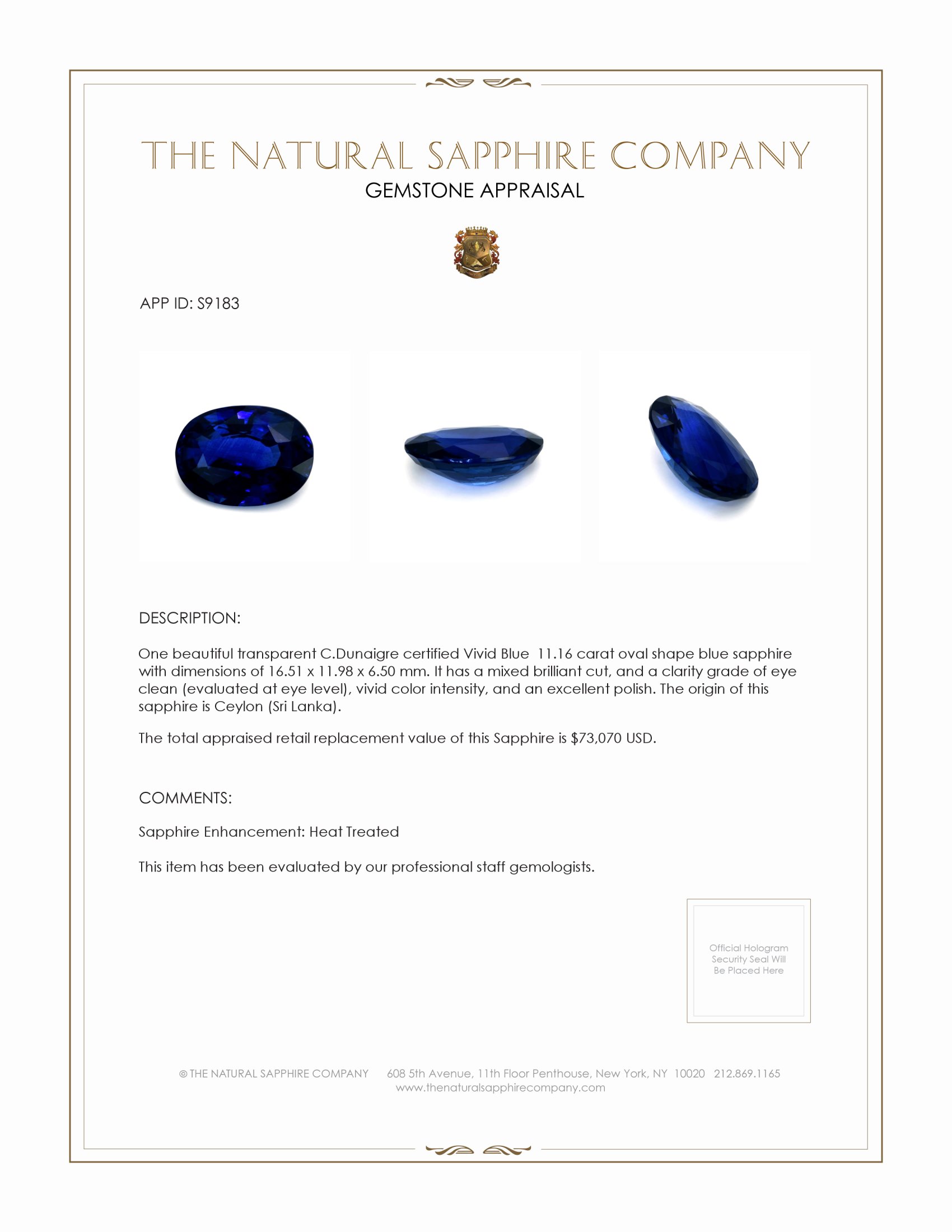 11.16 Ct. Blue Sapphire from Ceylon (Sri Lanka)