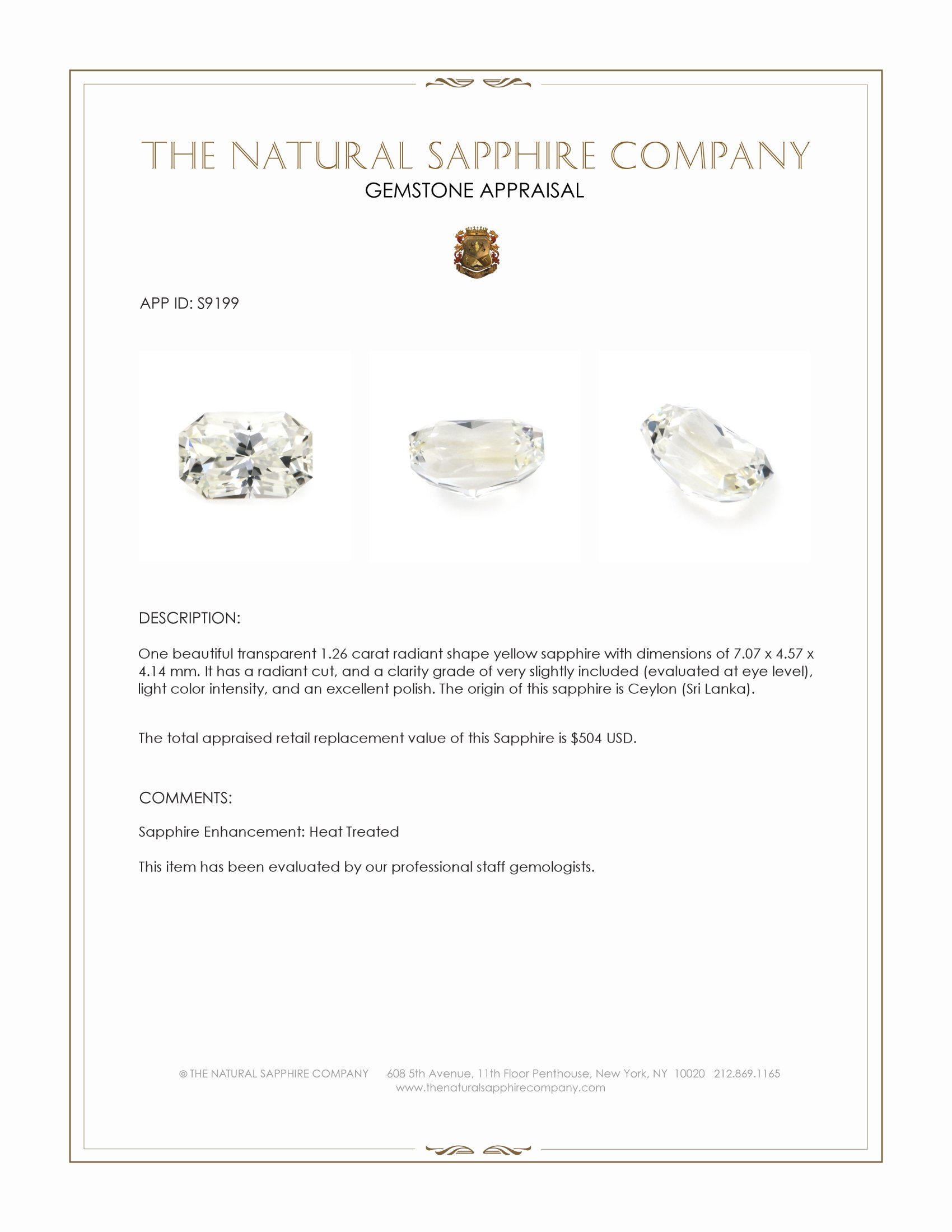 1.26 Ct. Yellow Sapphire from Ceylon (Sri Lanka)