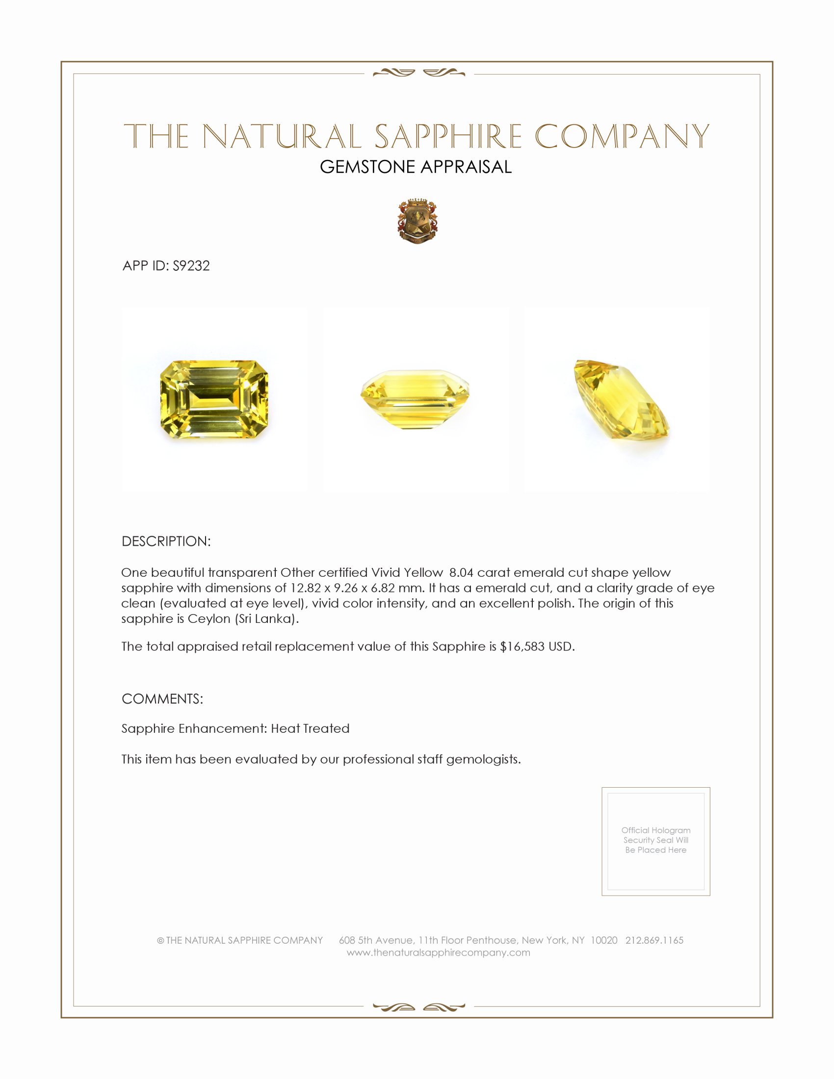 8.04 Ct. Yellow Sapphire from Ceylon (Sri Lanka)