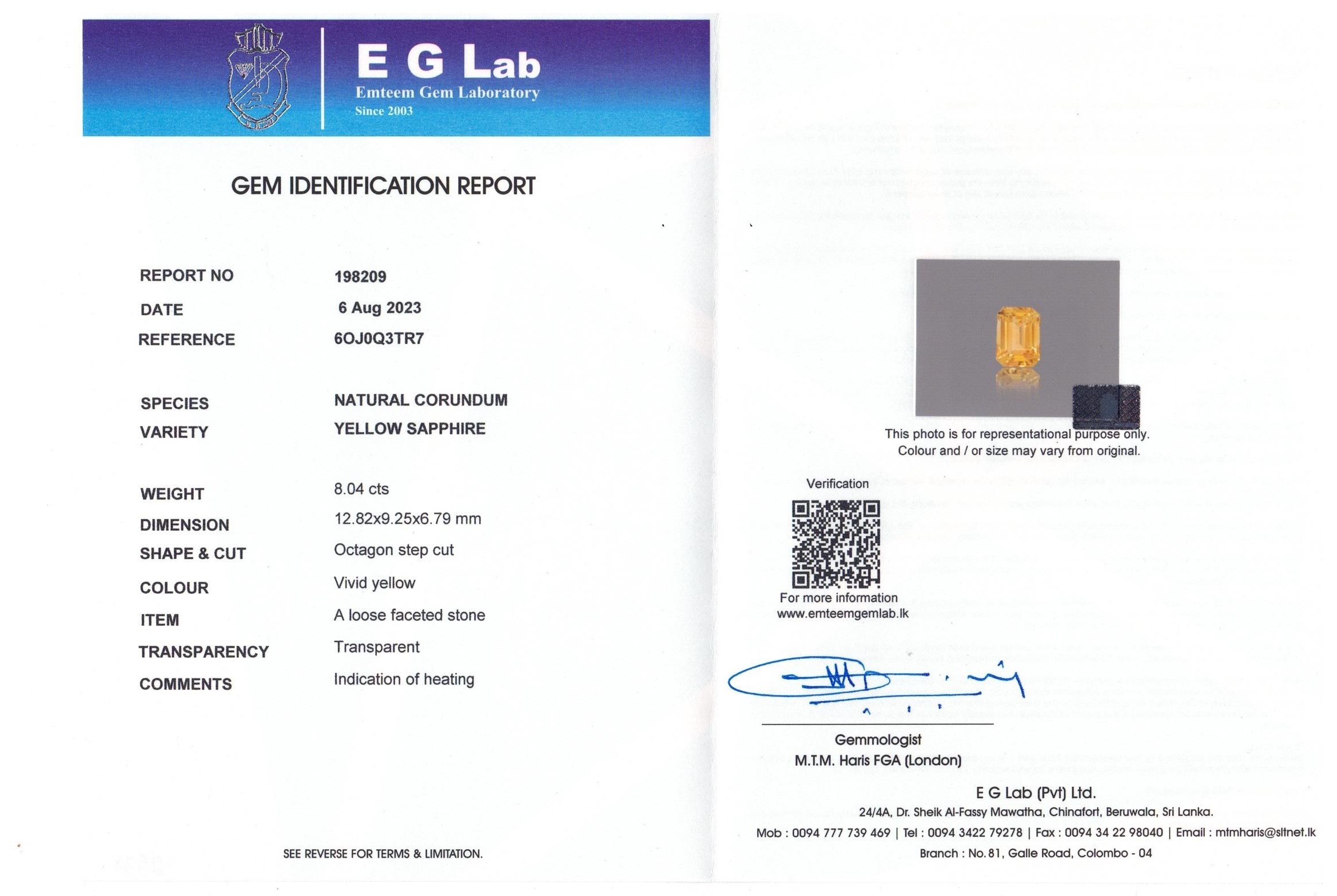 8.04 Ct. Yellow Sapphire from Ceylon (Sri Lanka)