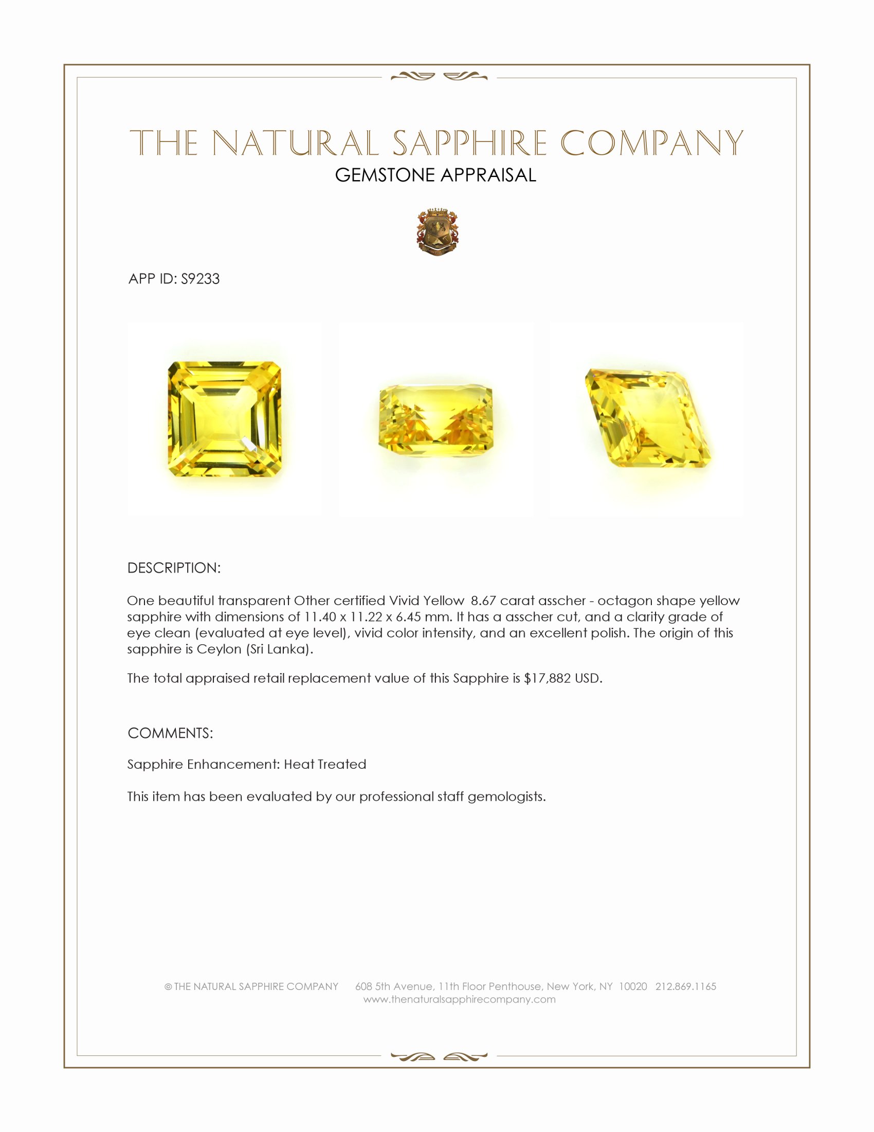 8.67 Ct. Yellow Sapphire from Ceylon (Sri Lanka)