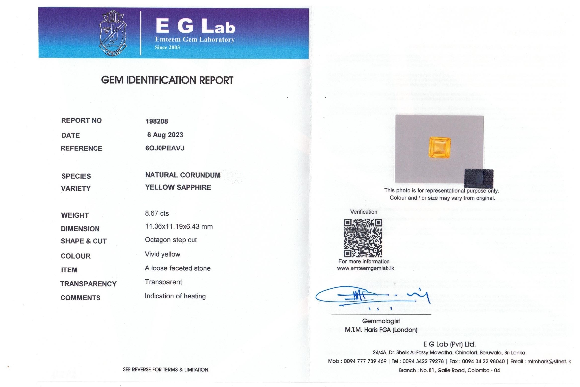 8.67 Ct. Yellow Sapphire from Ceylon (Sri Lanka)