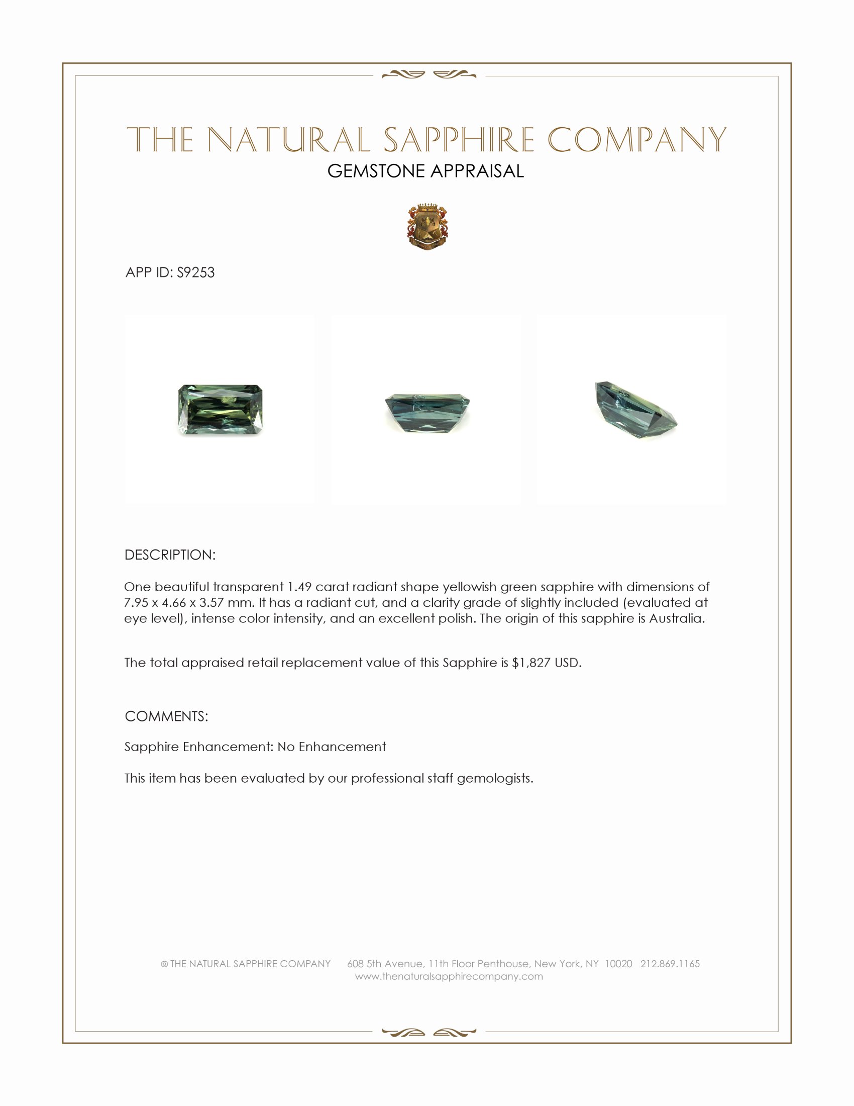 1.49 Ct. Yellowish Green Sapphire from Australia