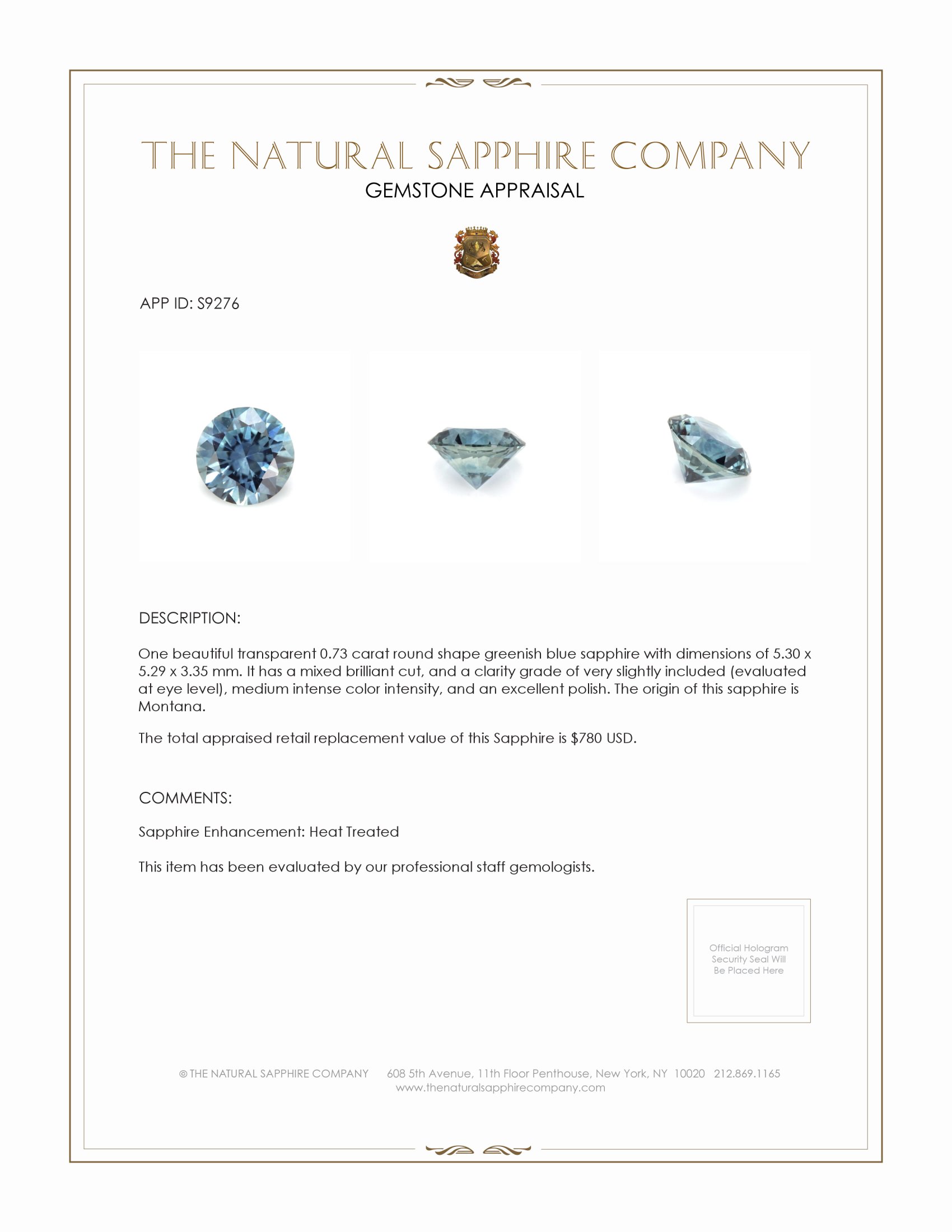 0.73 Ct. Greenish Blue Sapphire from Montana