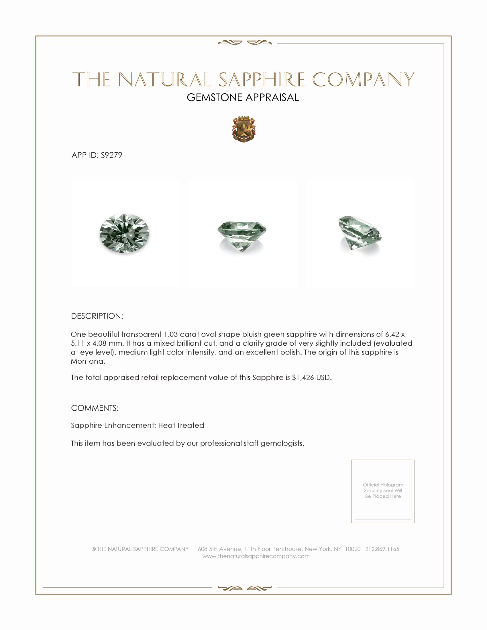 1.03 Ct. Green Sapphire from Montana