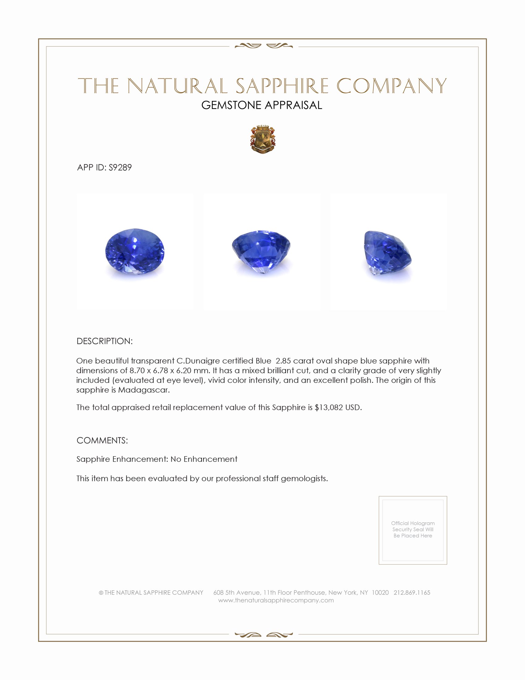 2.85 Ct. Blue Sapphire from Madagascar