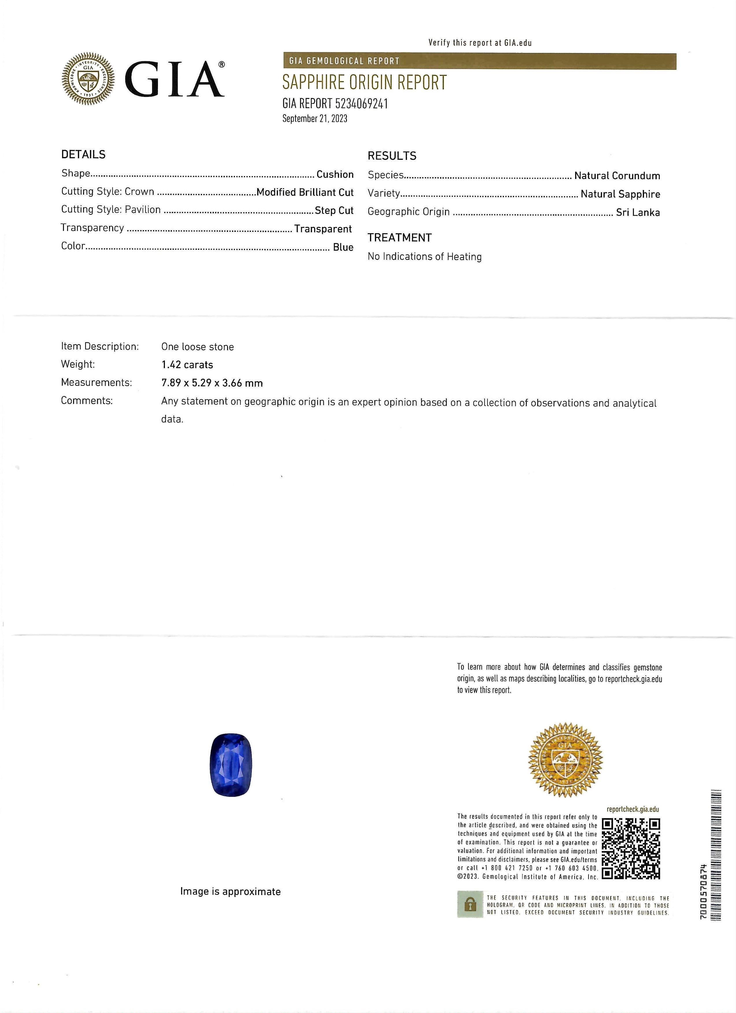 1.42 Ct. Blue Sapphire from Ceylon (Sri Lanka)