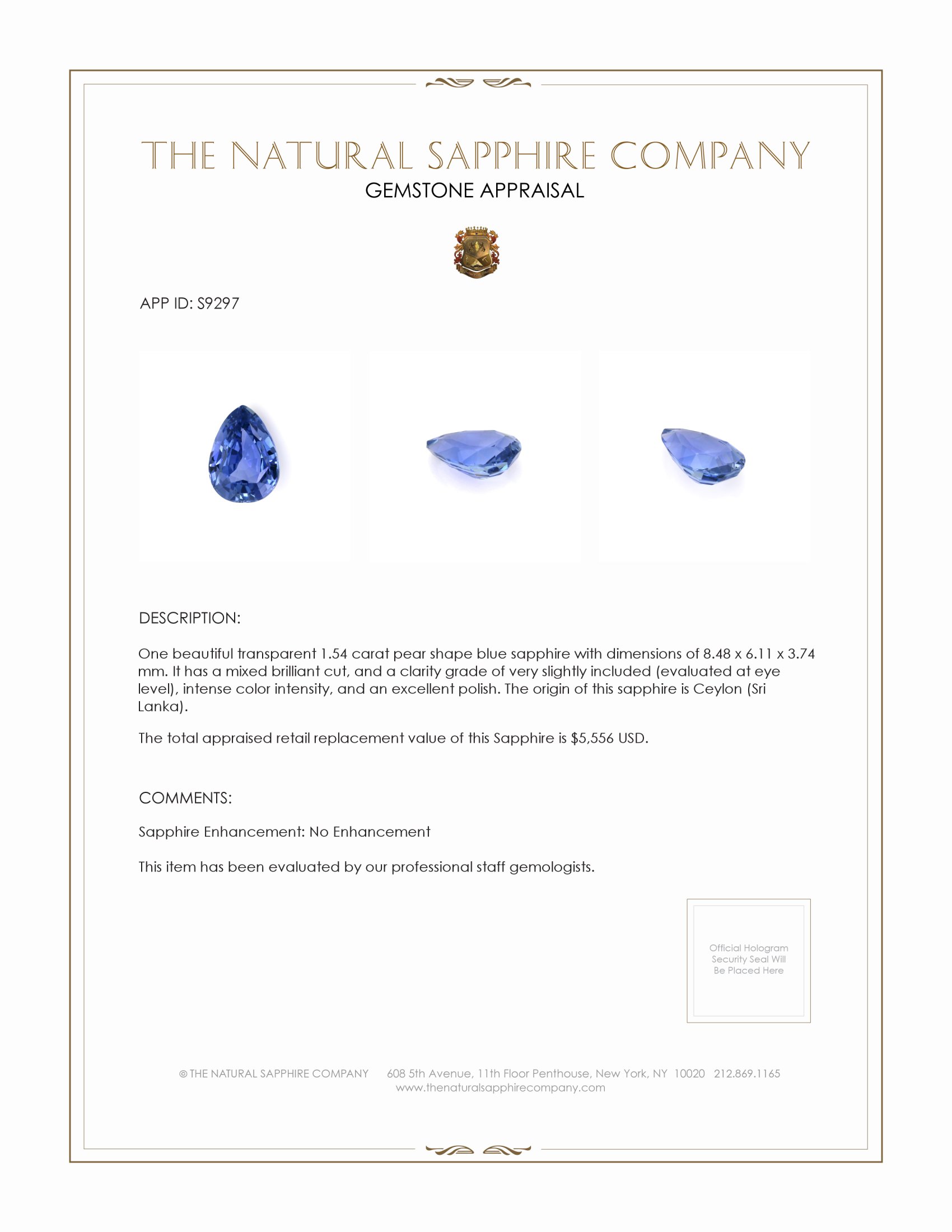 1.54 Ct. Blue Sapphire from Ceylon (Sri Lanka)