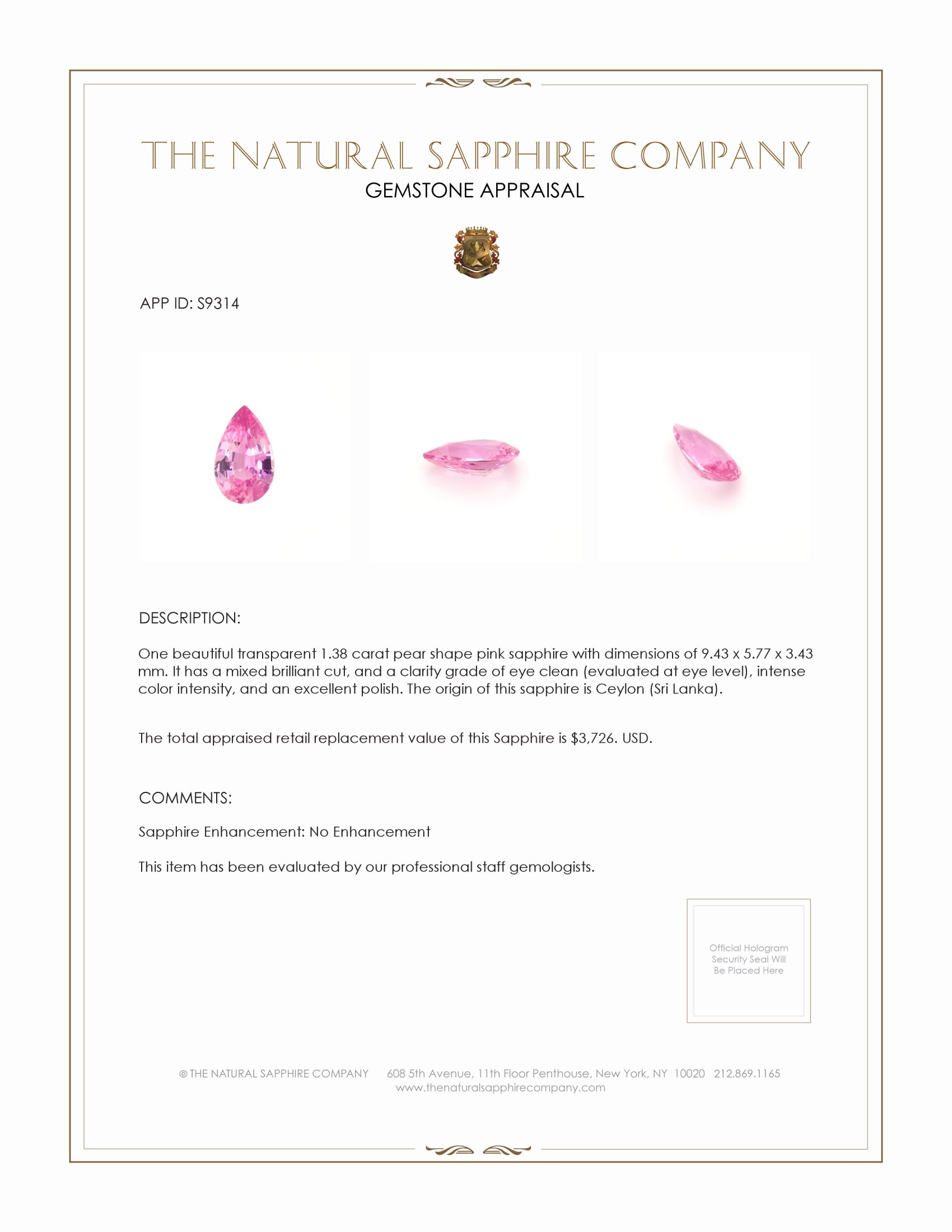 1.38 Ct. Pink Sapphire from Ceylon (Sri Lanka)