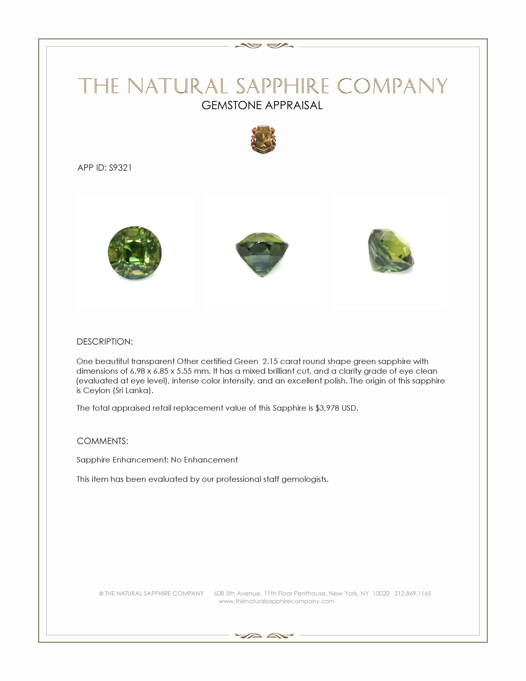 2.15 Ct. Green Sapphire from Ceylon (Sri Lanka)