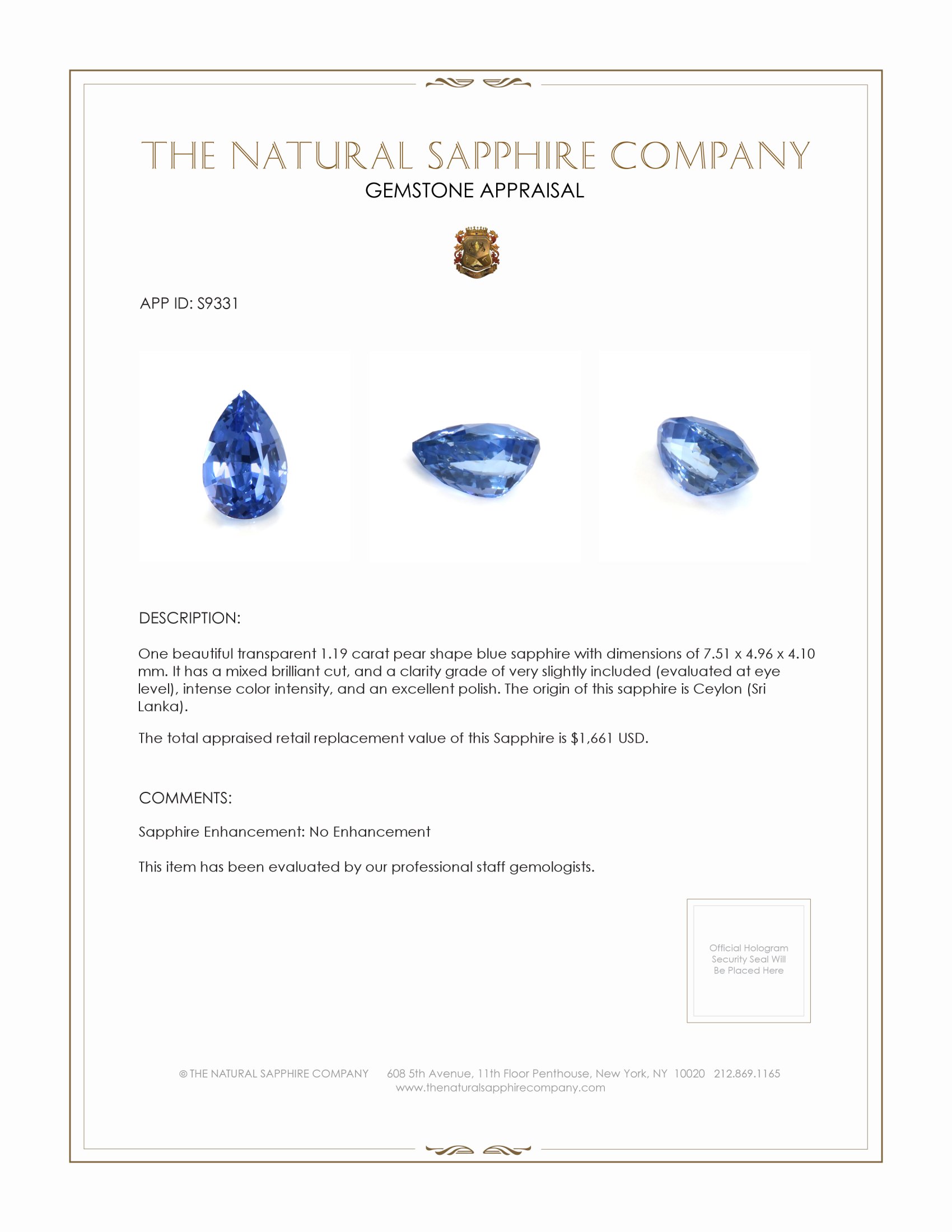 1.19 Ct. Blue Sapphire from Ceylon (Sri Lanka)