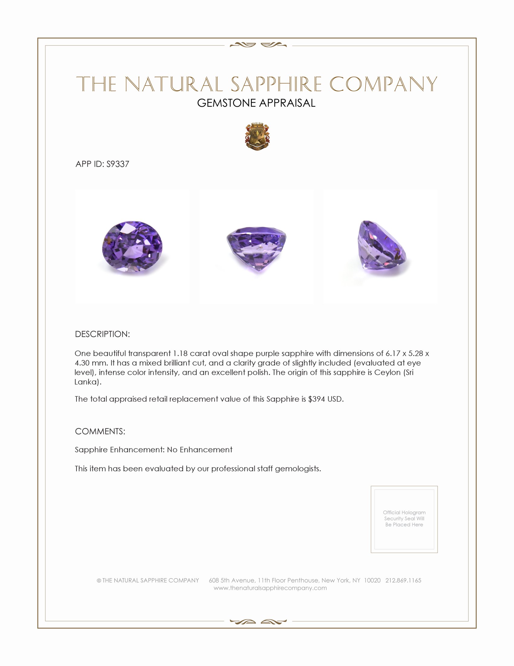 1.18 Ct. Purple Sapphire from Ceylon (Sri Lanka)