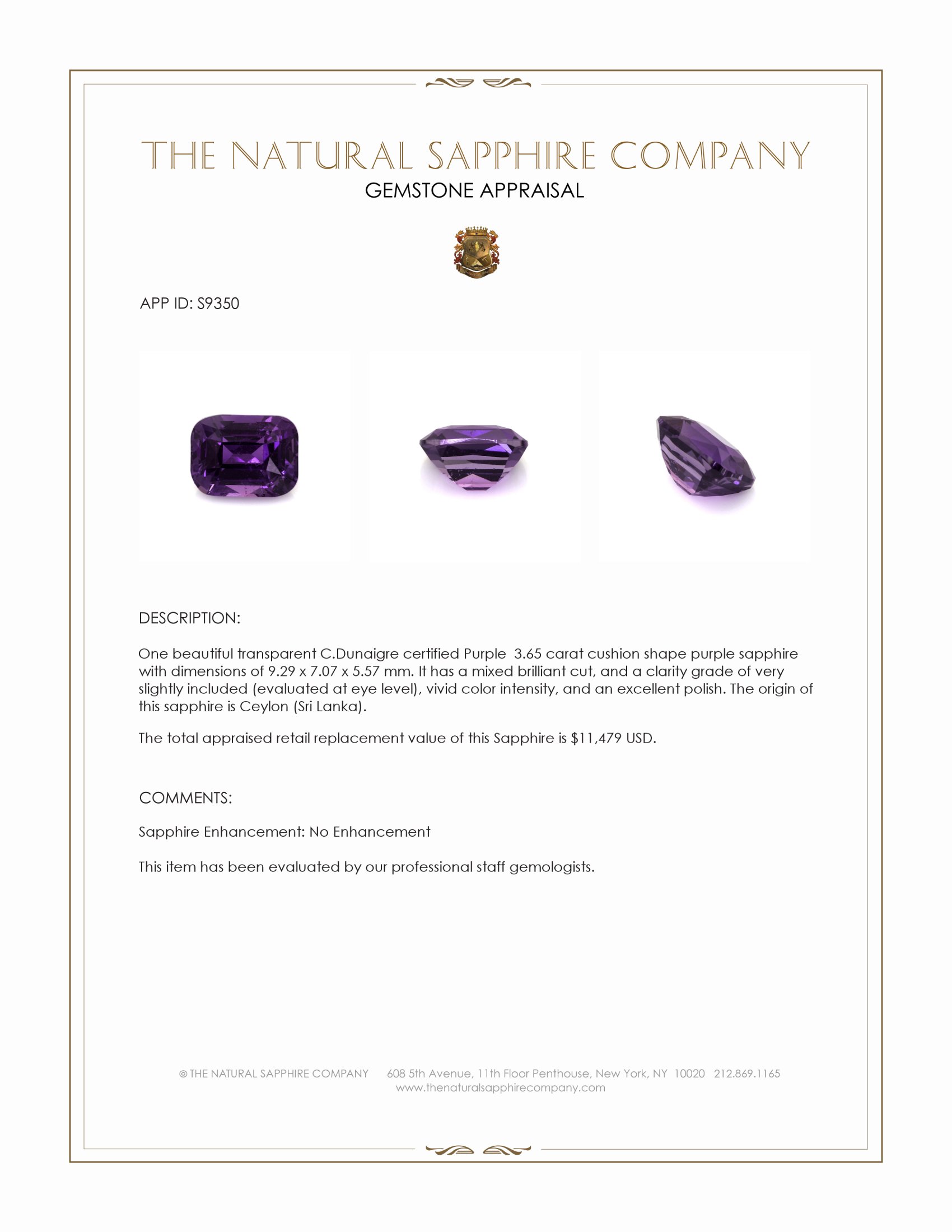 3.65 Ct. Purple Sapphire from Ceylon (Sri Lanka)