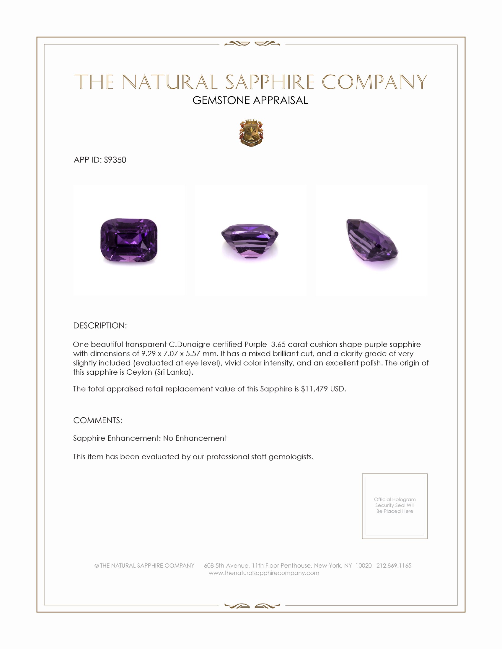 3.65 Ct. Purple Sapphire from Ceylon (Sri Lanka)