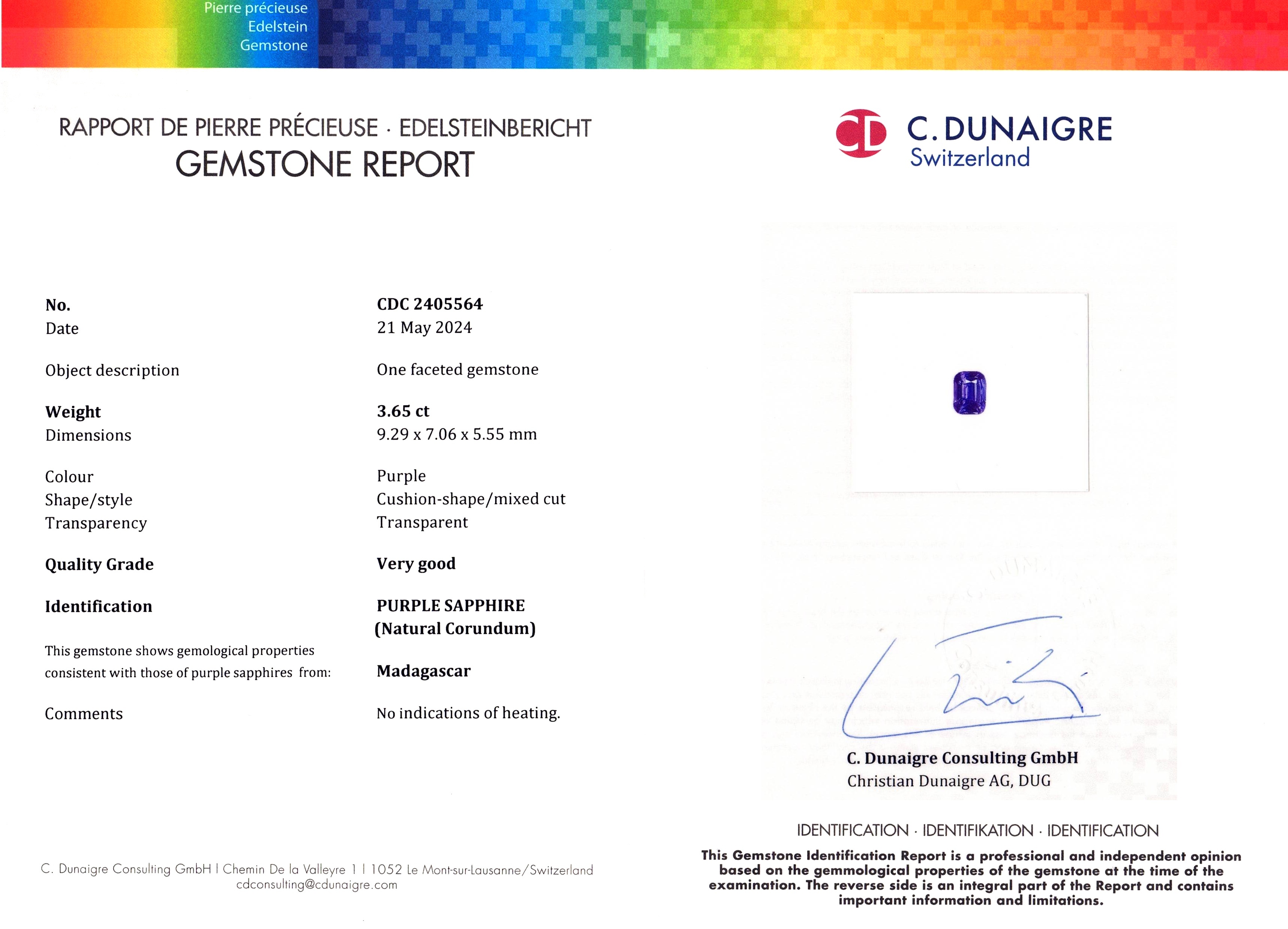 3.65 Ct. Purple Sapphire from Ceylon (Sri Lanka)