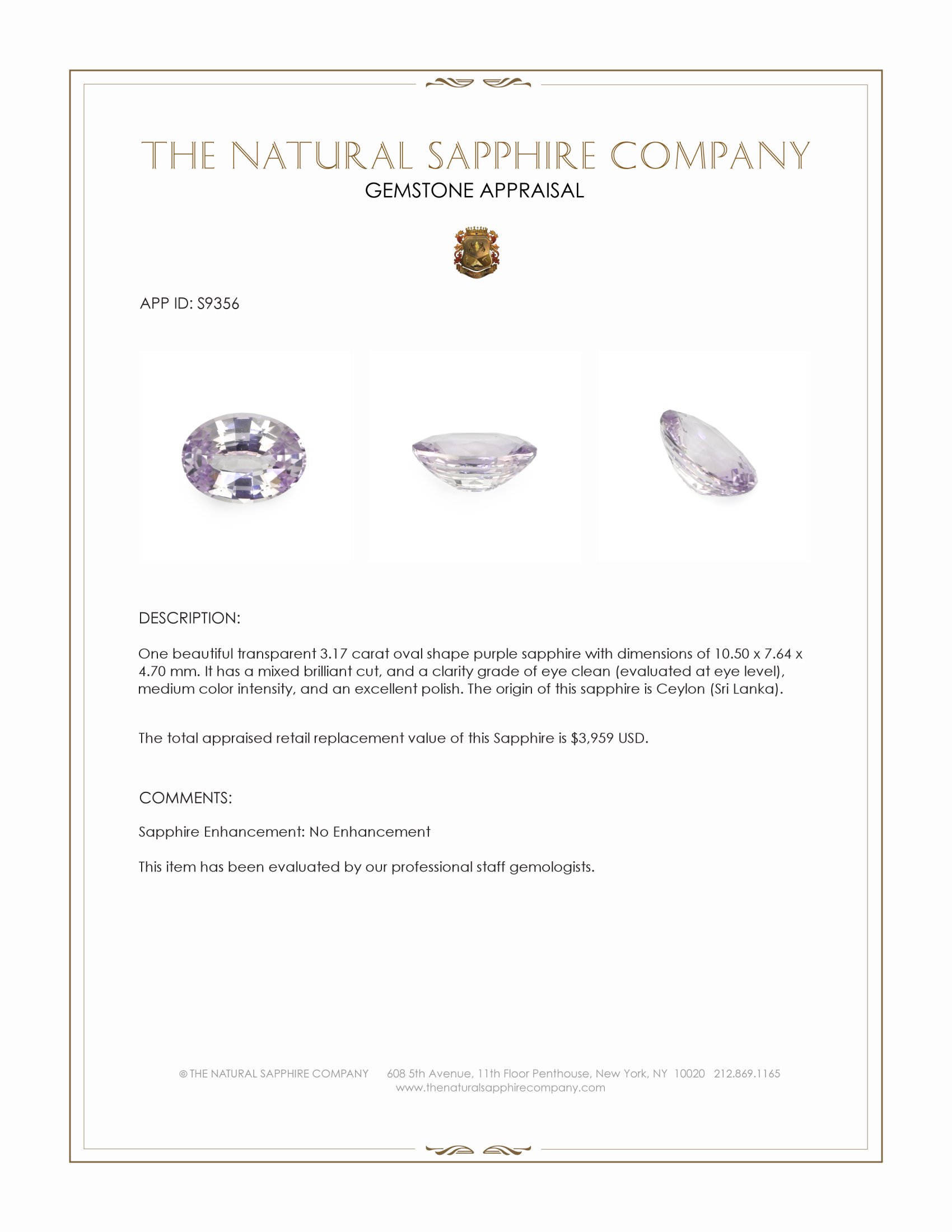 3.17 Ct. Purple Sapphire from Ceylon (Sri Lanka)