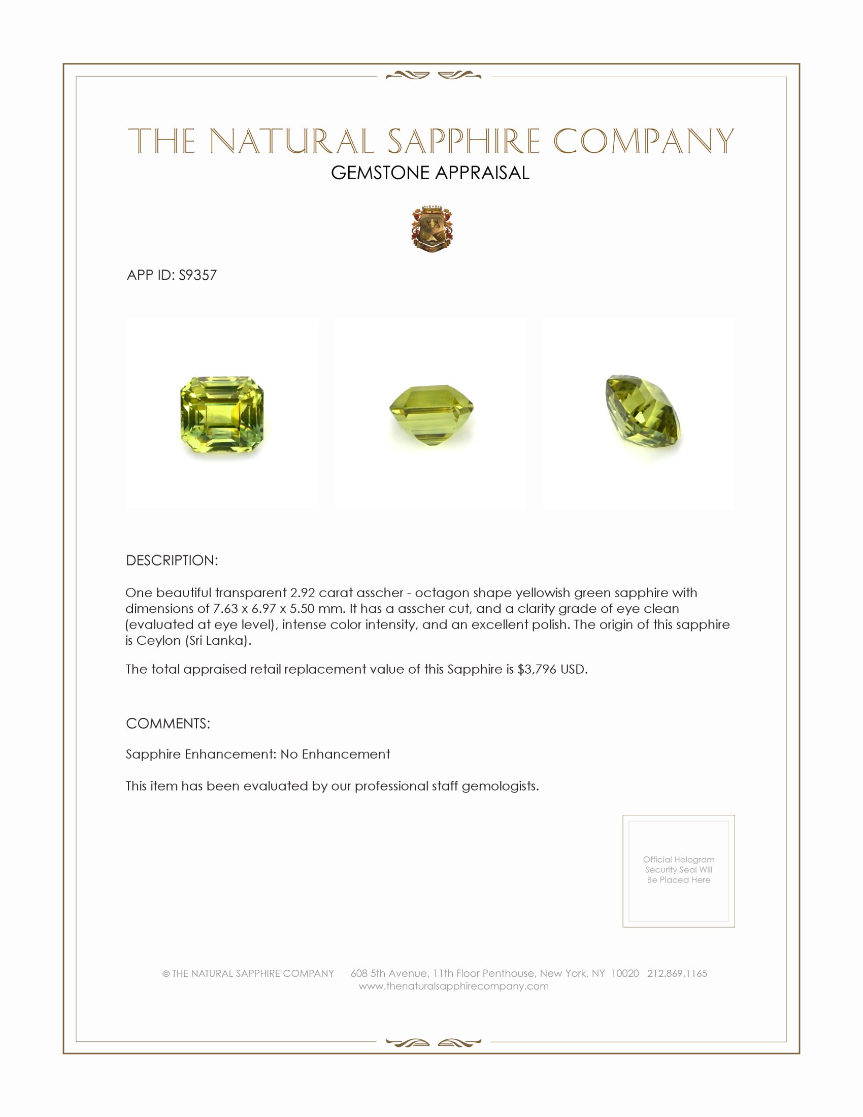 2.92 Ct. Yellowish Green Sapphire from Ceylon (Sri Lanka)