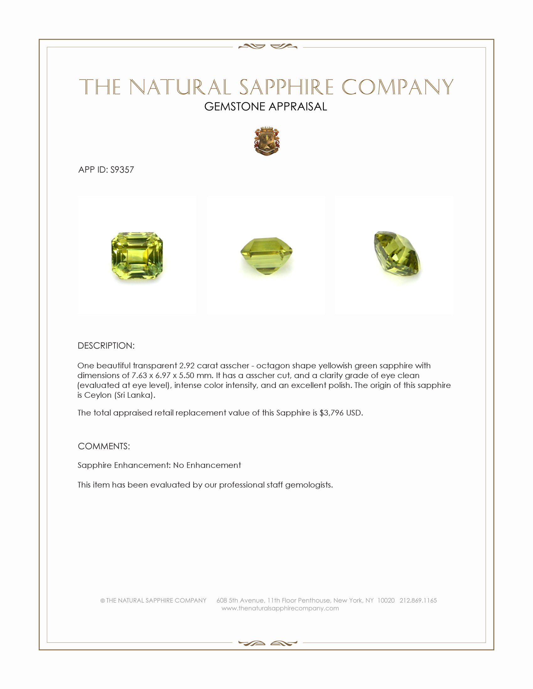 2.92 Ct. Yellowish Green Sapphire from Ceylon (Sri Lanka)