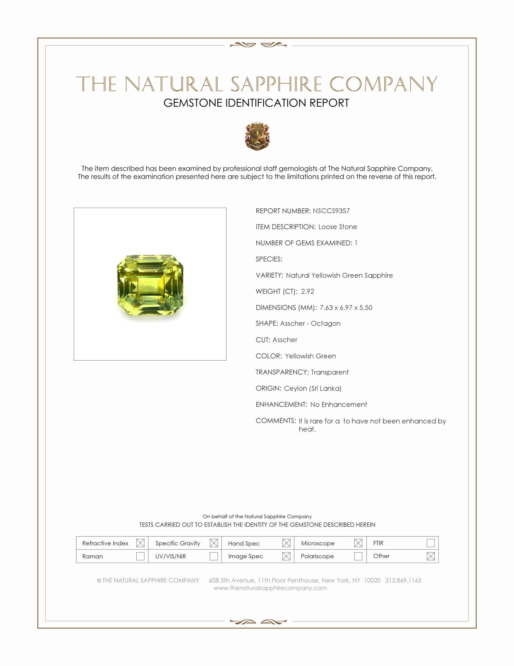 2.92 Ct. Yellowish Green Sapphire from Ceylon (Sri Lanka)