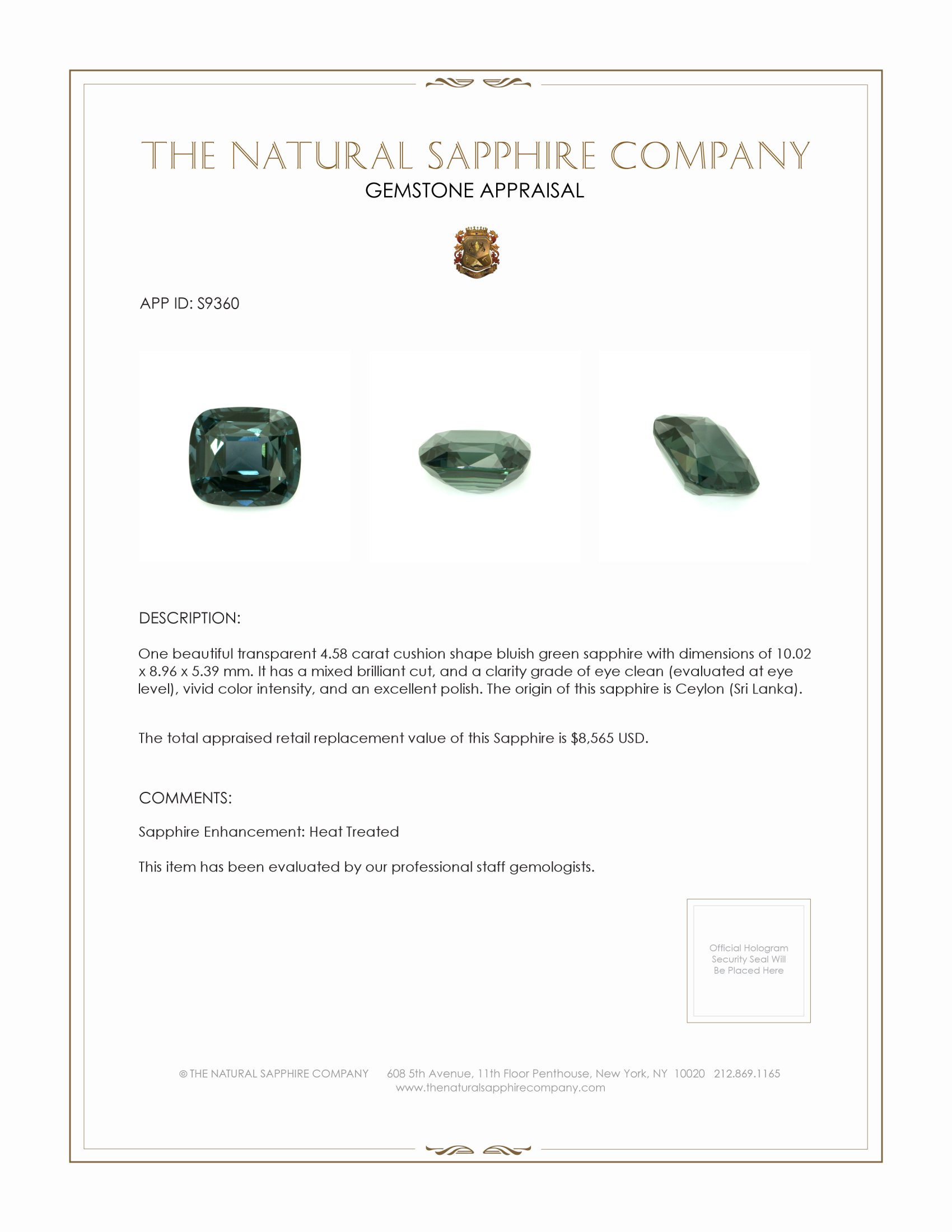 4.58 Ct. Bluish Green Sapphire from Ceylon (Sri Lanka)