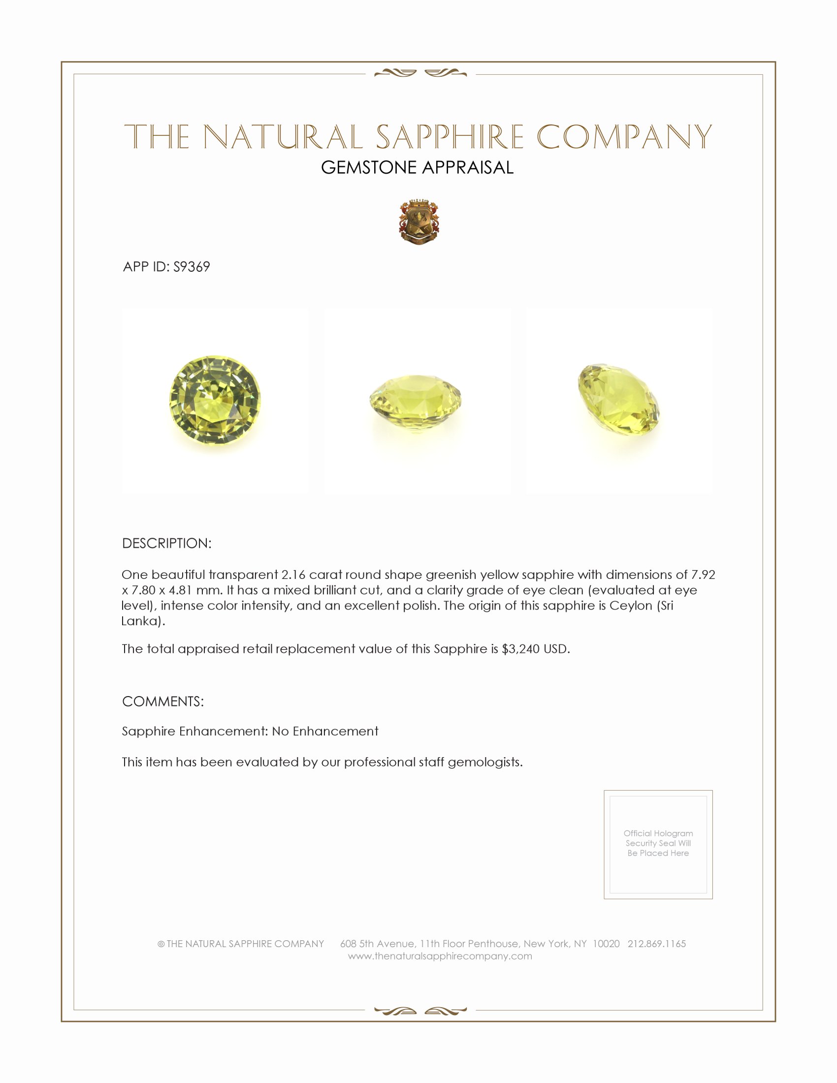 2.16 Ct. Greenish Yellow Sapphire from Ceylon (Sri Lanka)