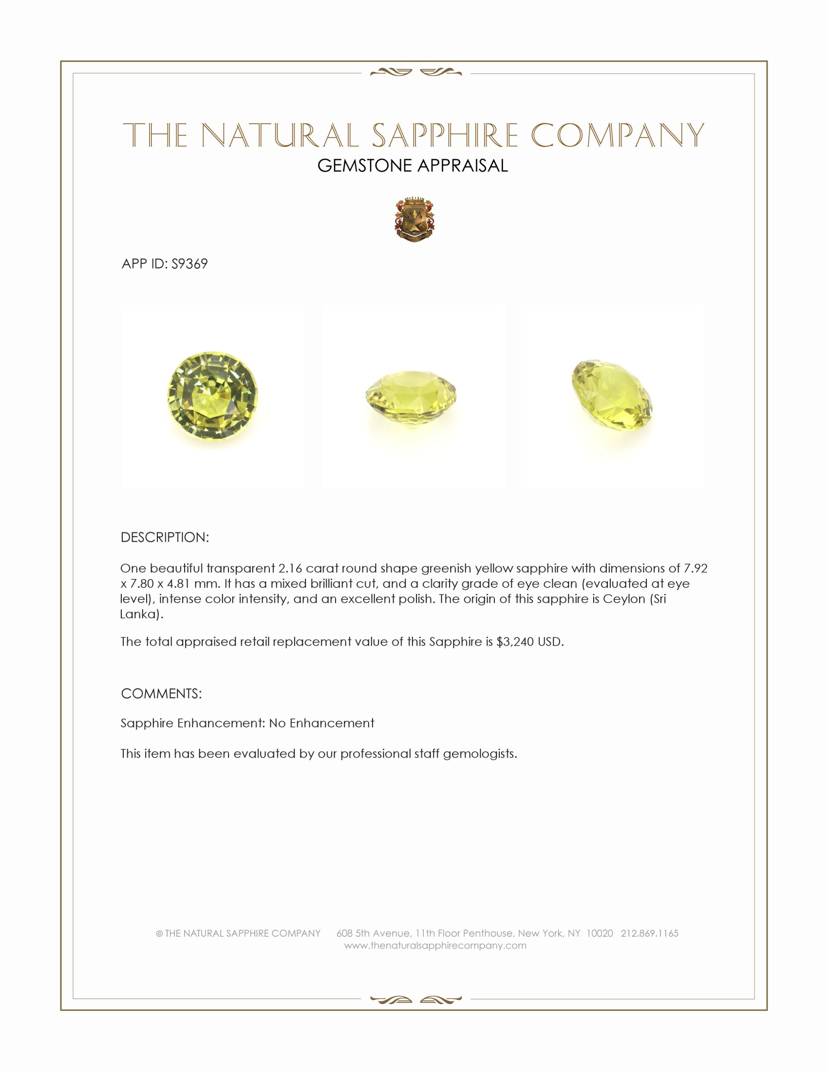 2.16 Ct. Greenish Yellow Sapphire from Ceylon (Sri Lanka)