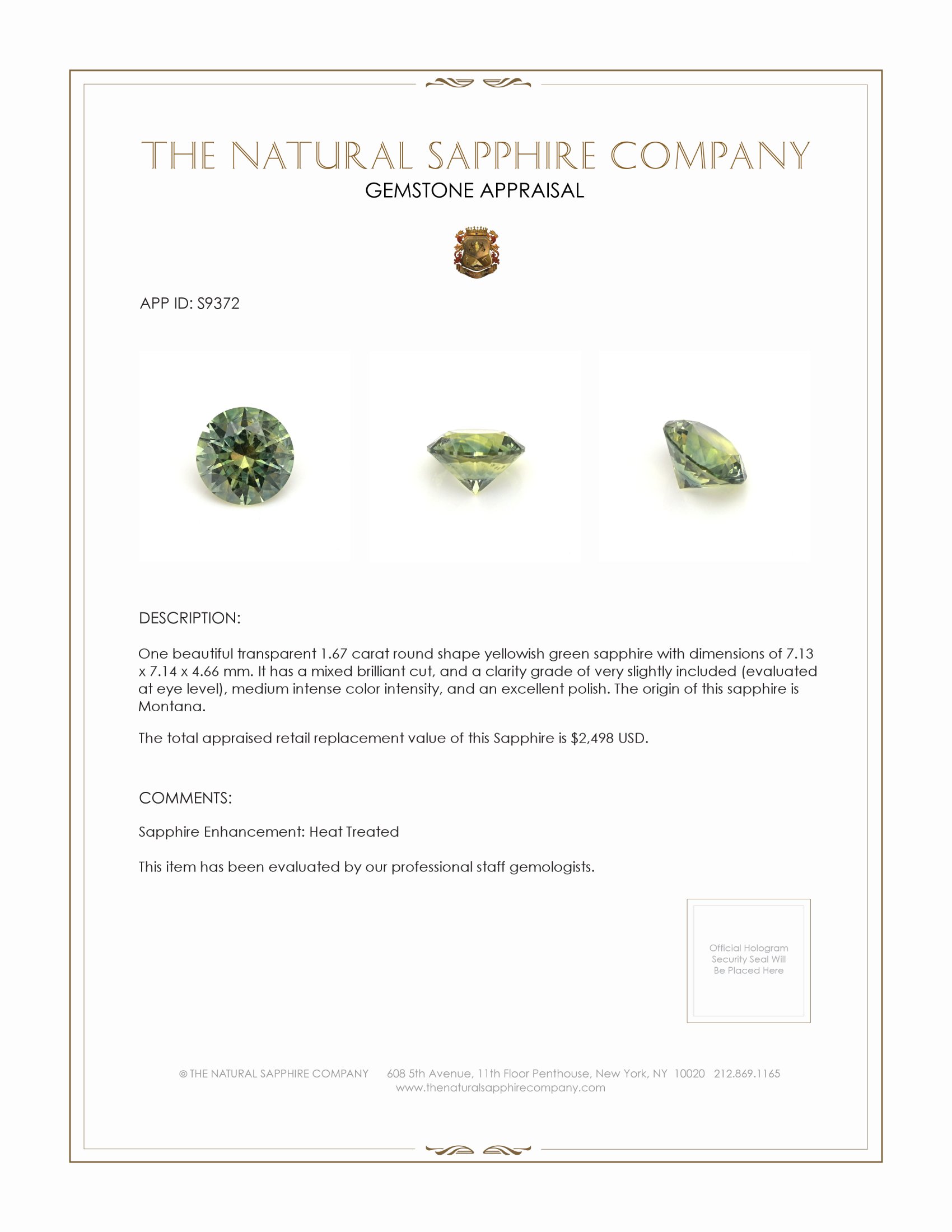 1.67 Ct. Yellowish Green Sapphire from Montana