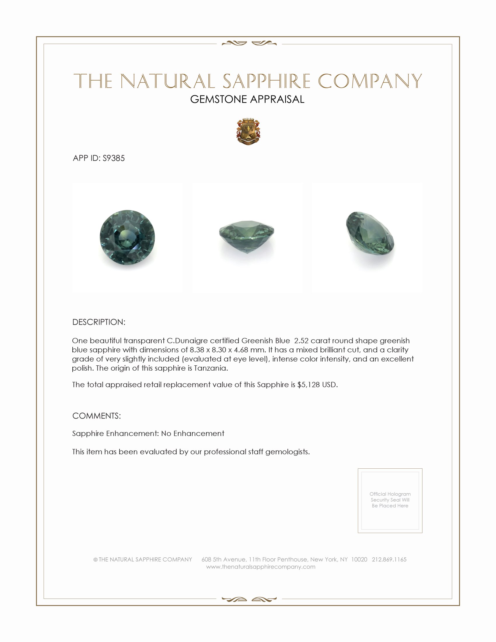 2.52 Ct. Greenish Blue Sapphire from Tanzania